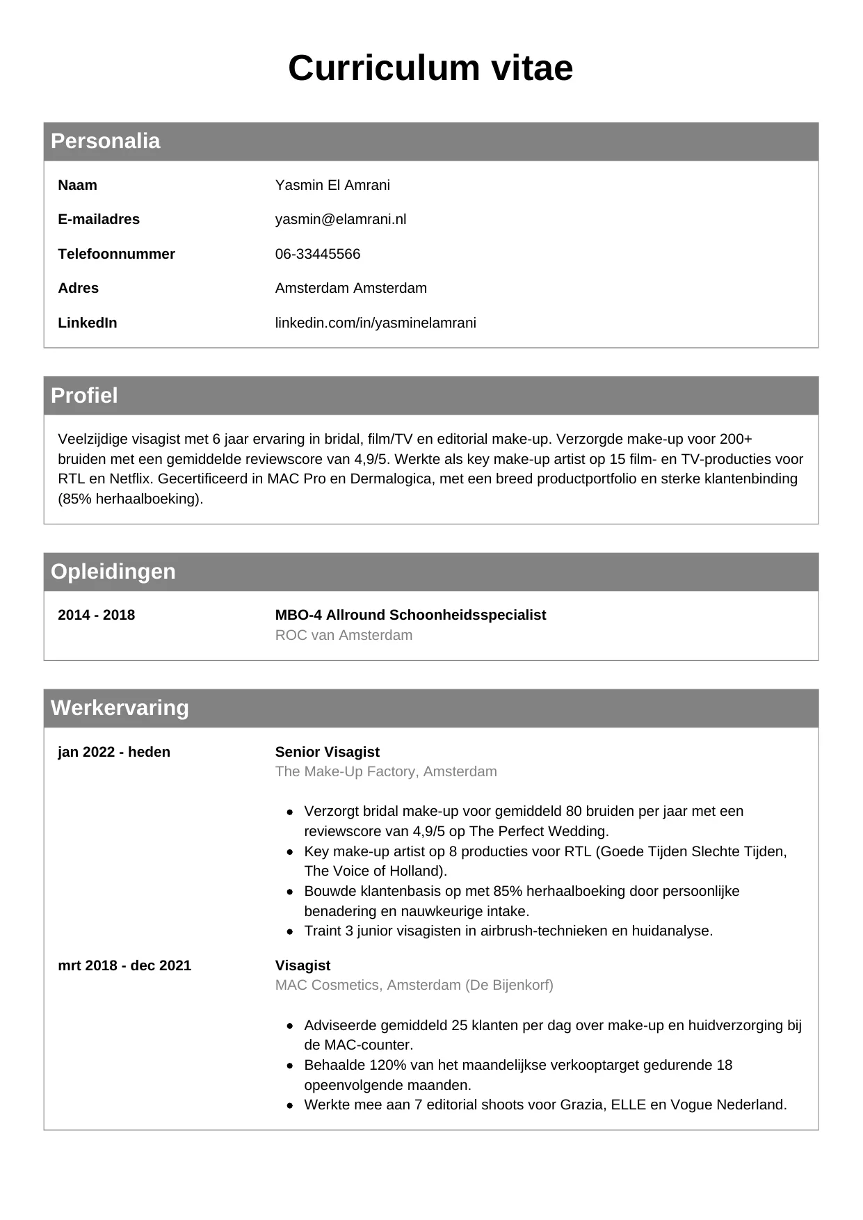 CV Klassiek voor visagist