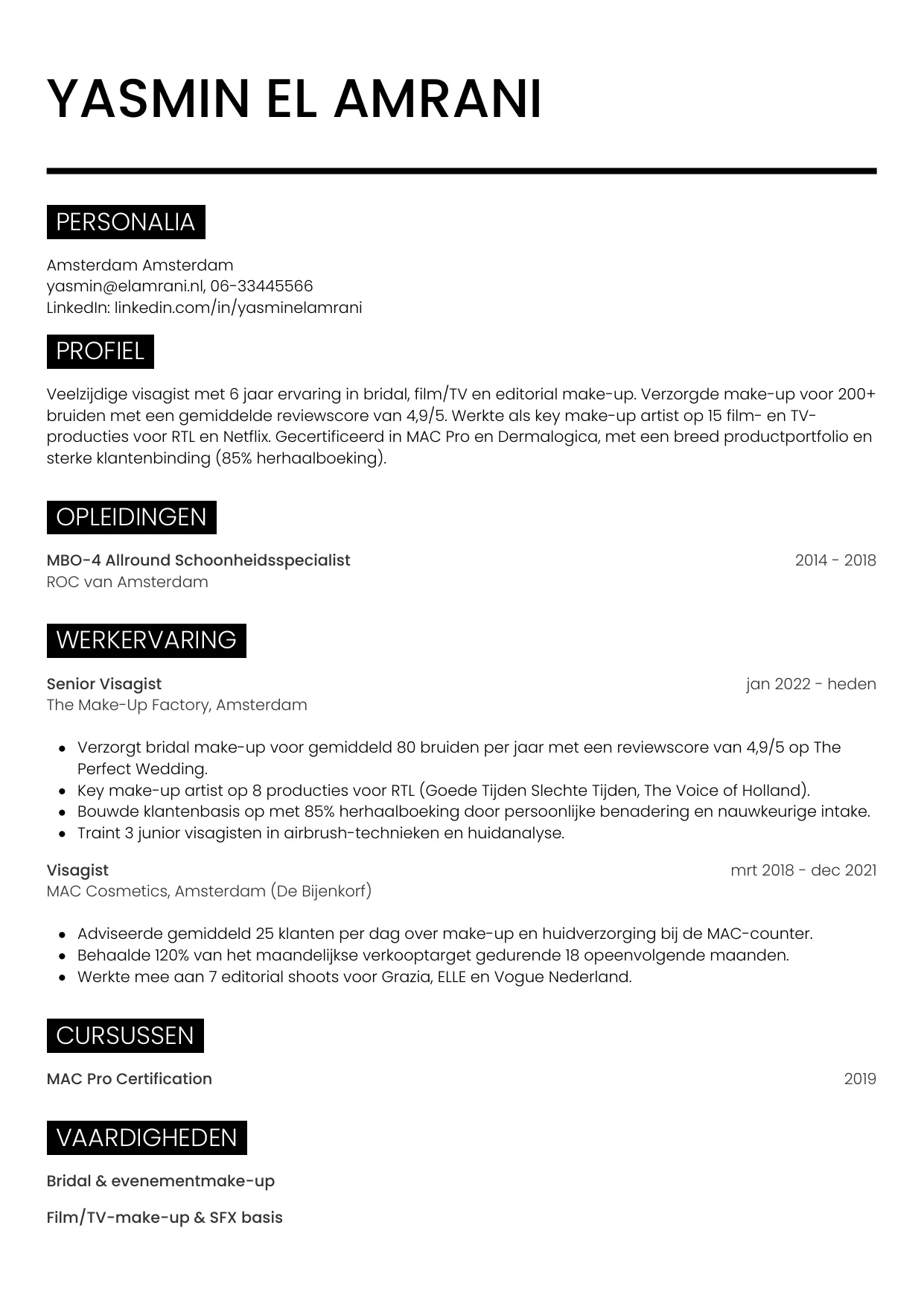 CV Metro voor visagist