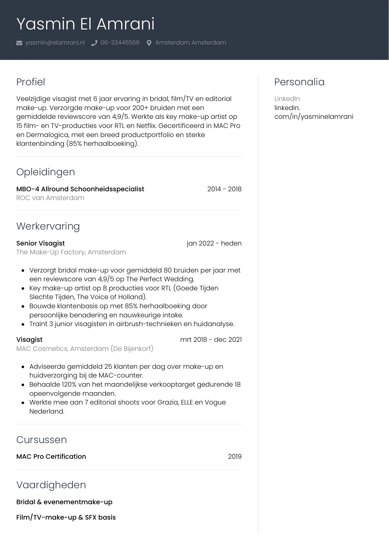 CV Professioneel voor visagist