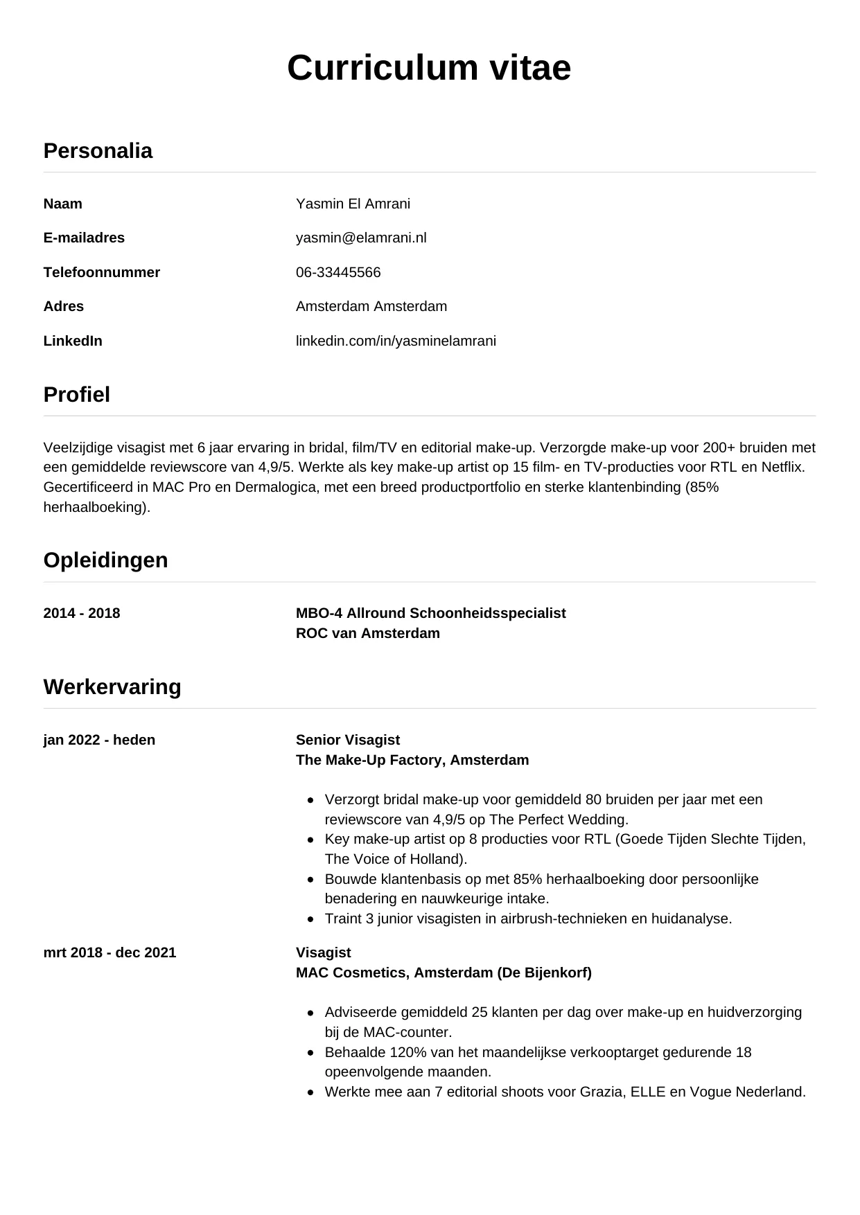 CV Simpel voor visagist