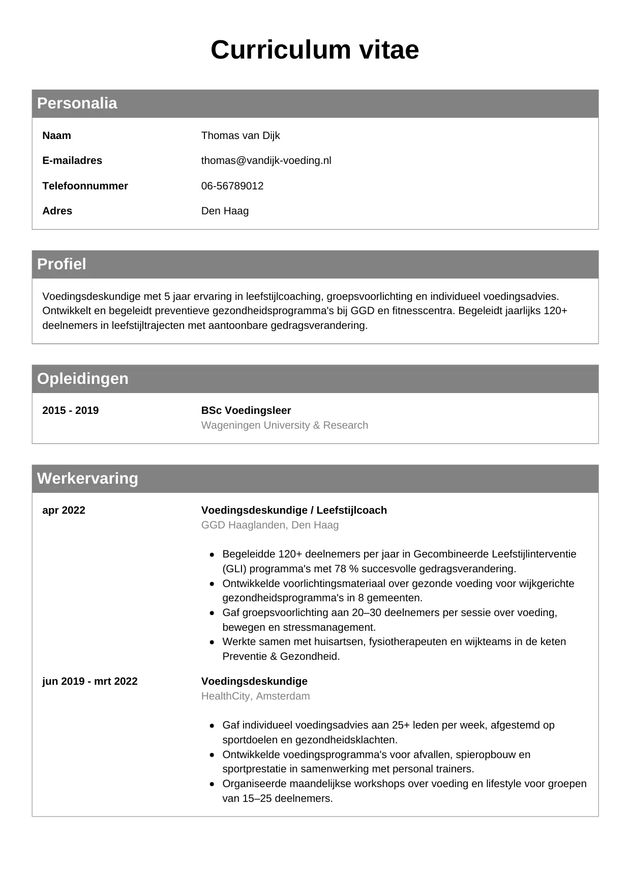 CV Klassiek voor voedingsdeskundige
