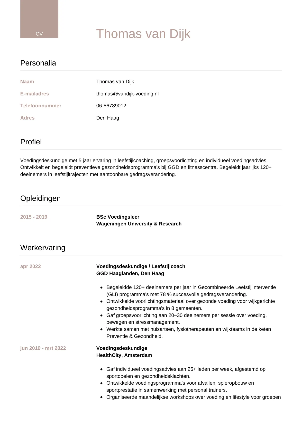 CV Luxe voor voedingsdeskundige