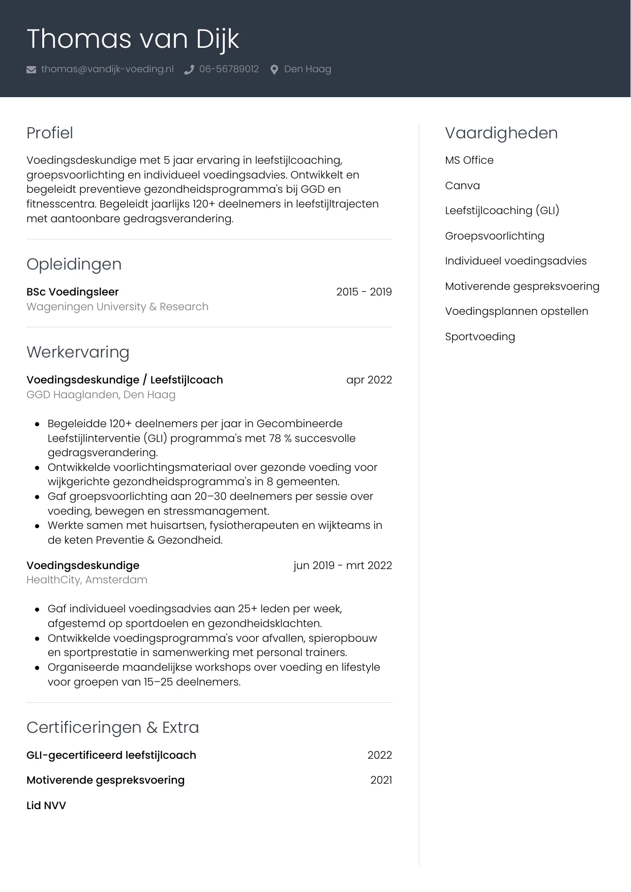 CV Professioneel voor voedingsdeskundige