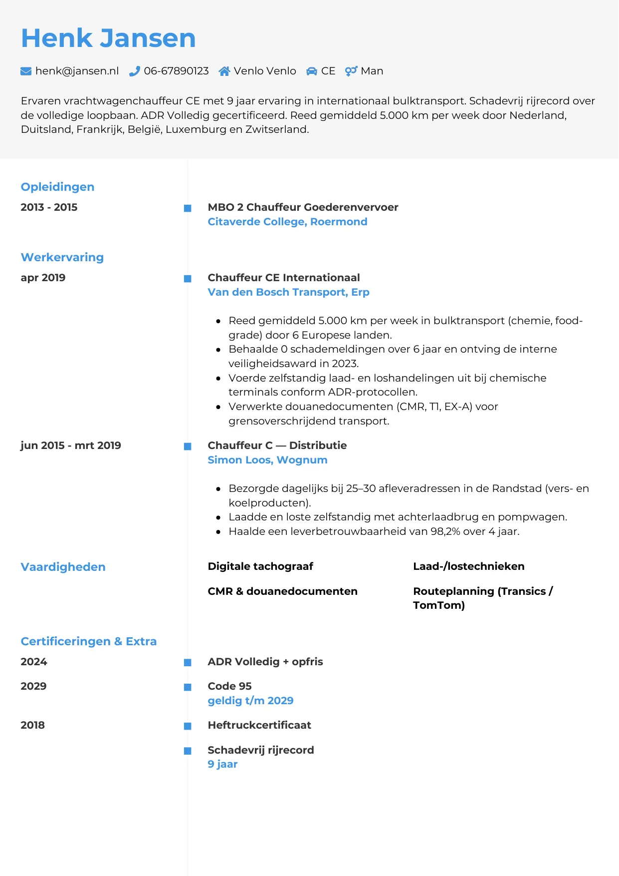 CV Chrono voor vrachtwagenchauffeur