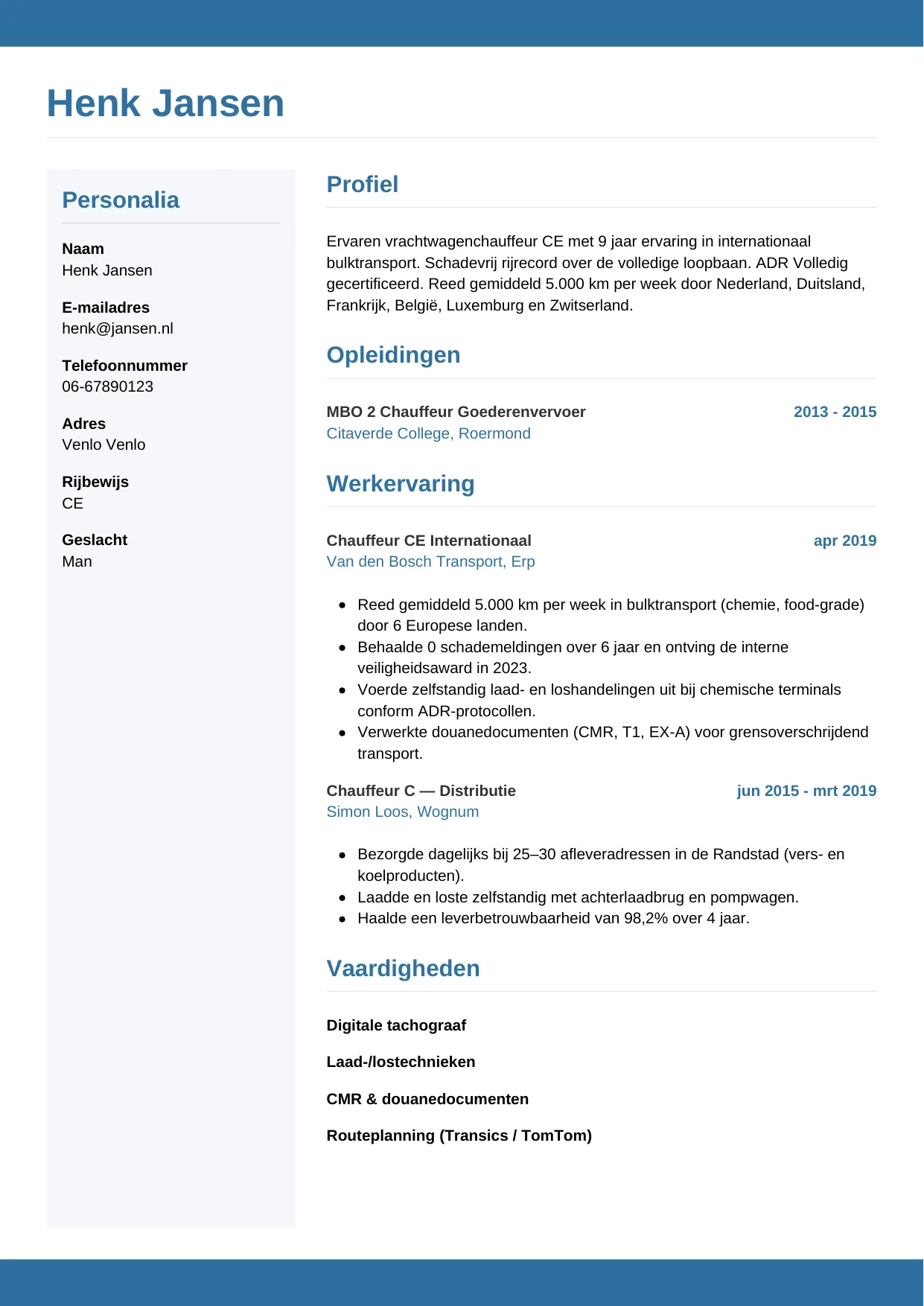 CV Horizontaal voor vrachtwagenchauffeur
