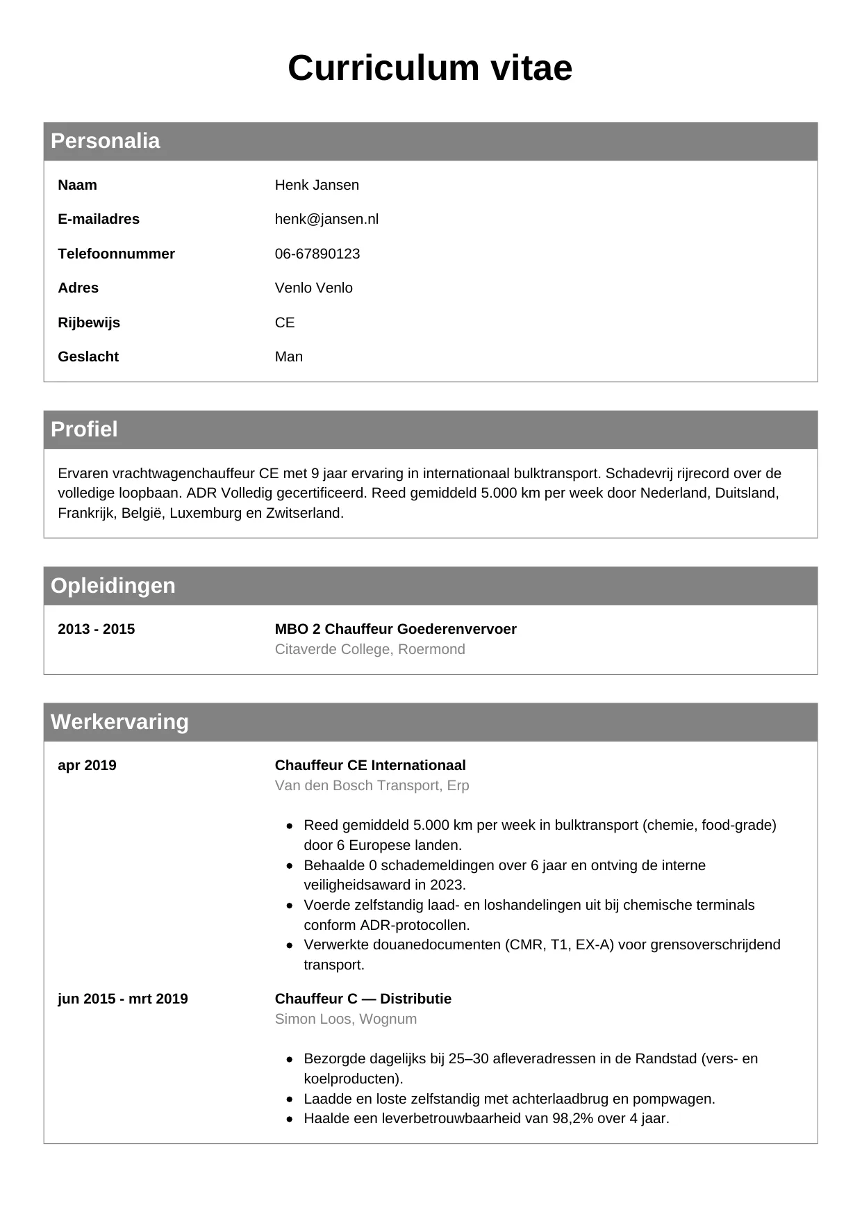 CV Klassiek voor vrachtwagenchauffeur