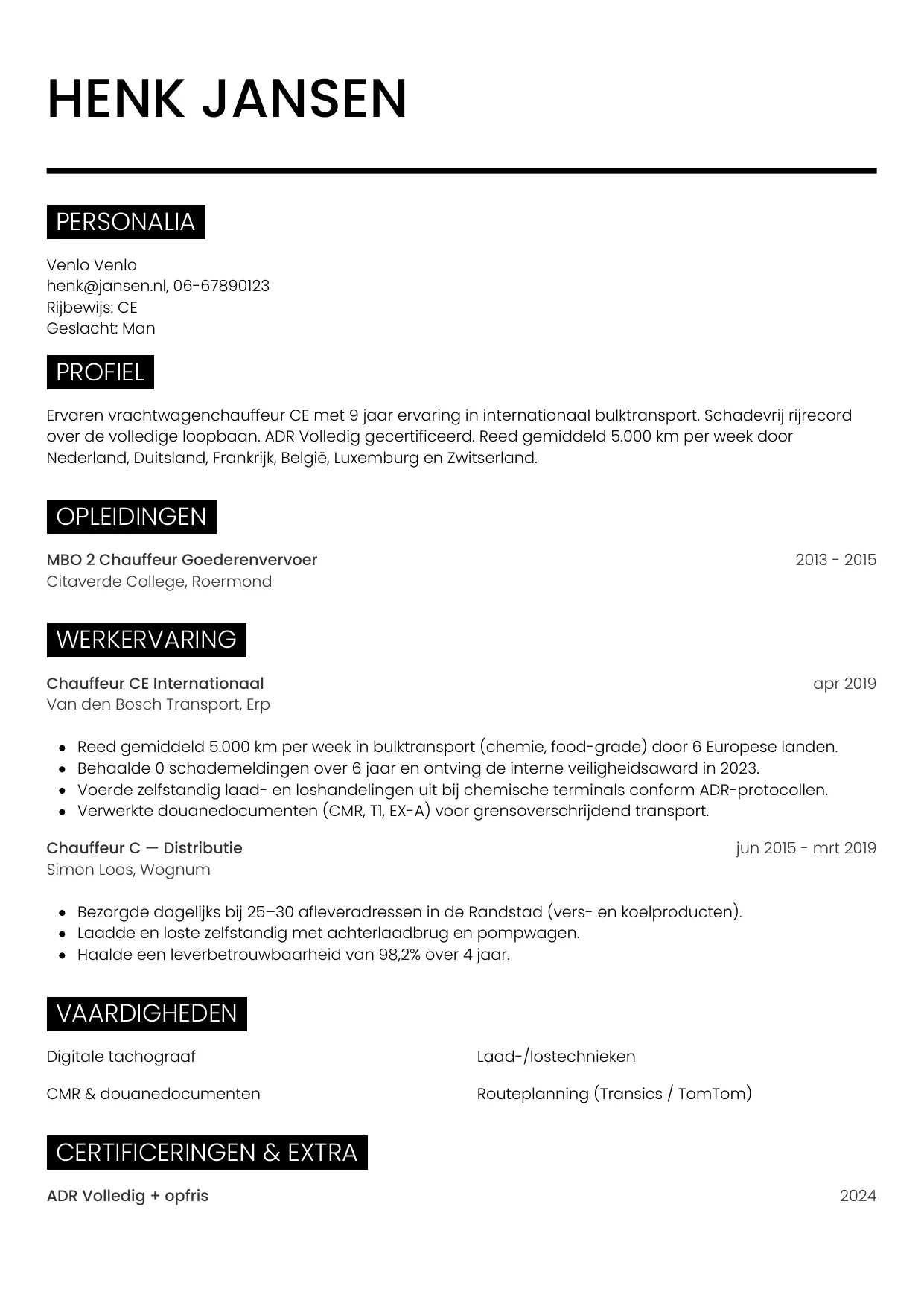 CV Metro voor vrachtwagenchauffeur