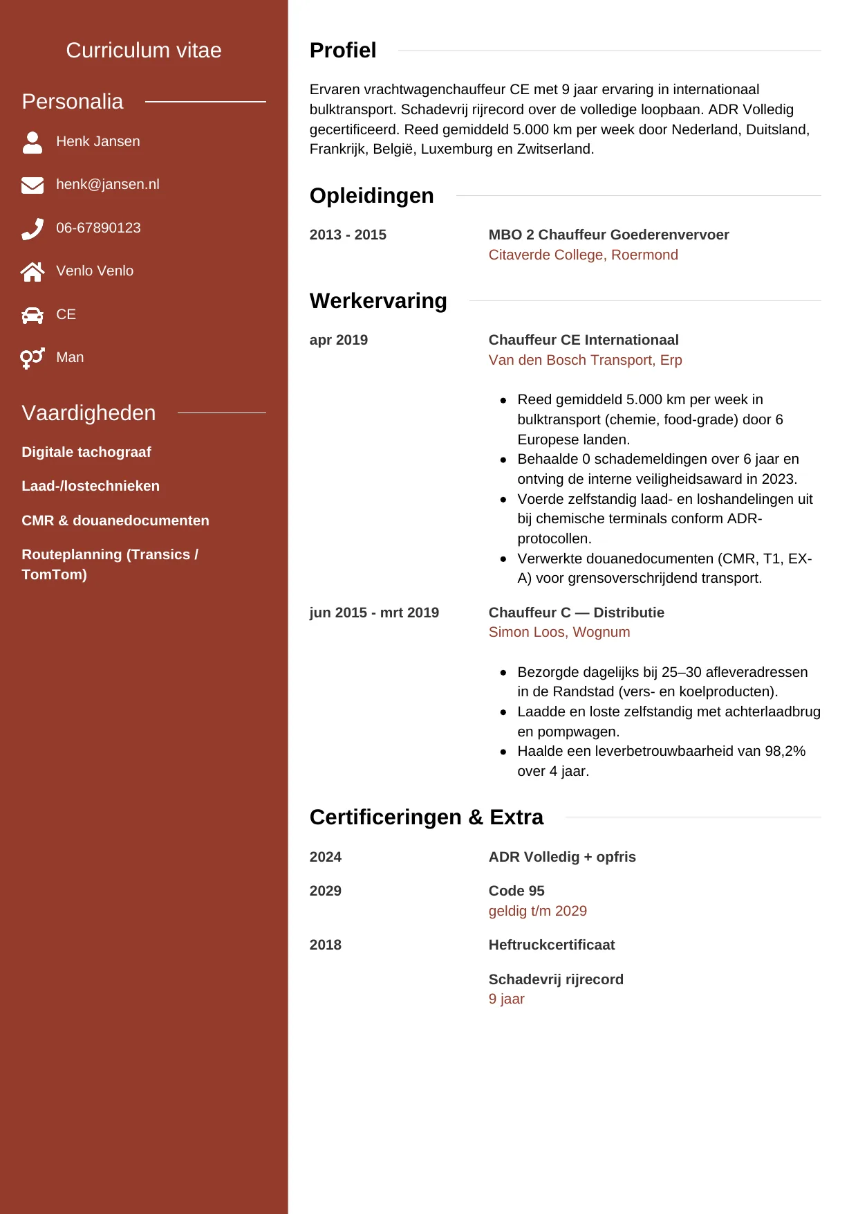 CV Modern voor vrachtwagenchauffeur