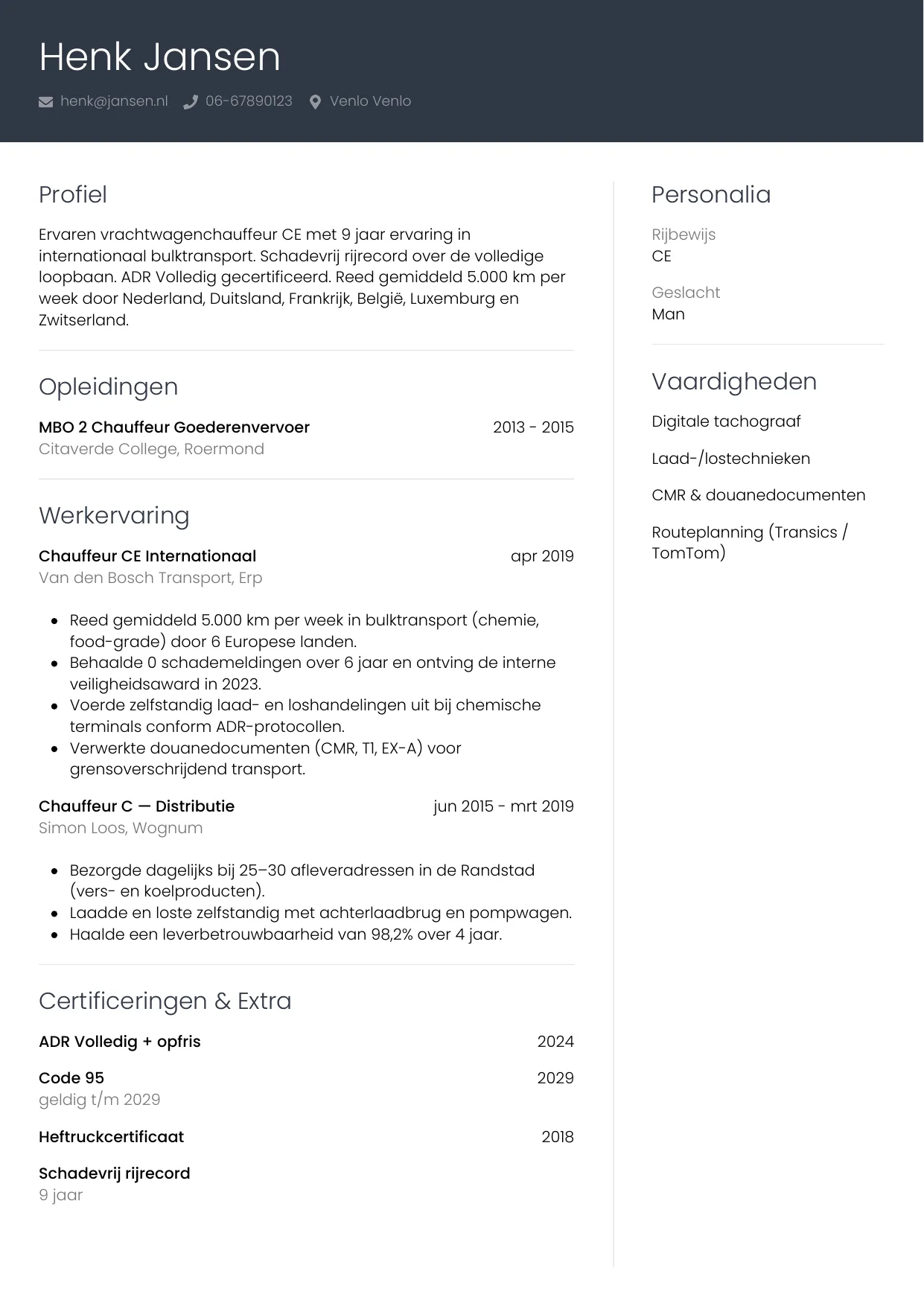 CV Professioneel voor vrachtwagenchauffeur
