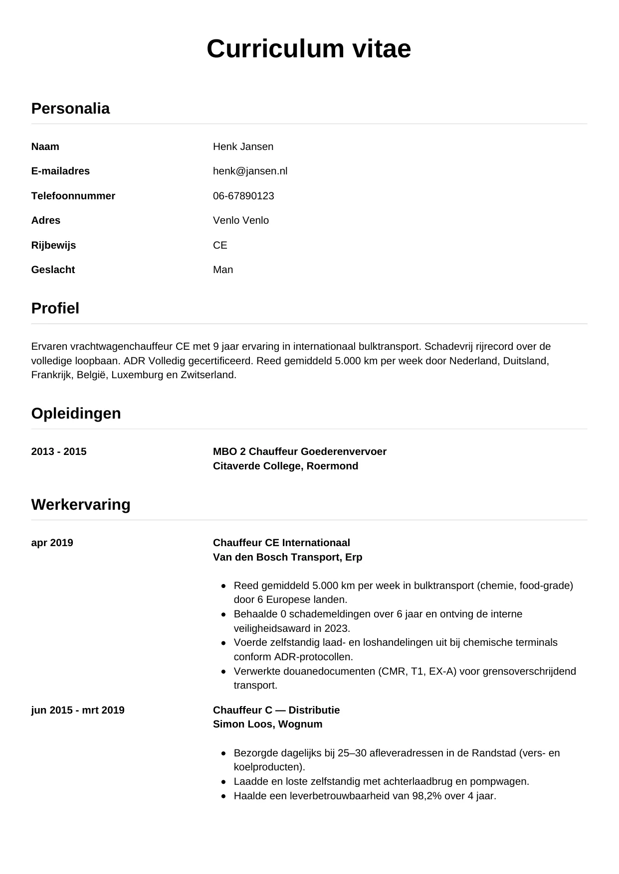 CV Simpel voor vrachtwagenchauffeur