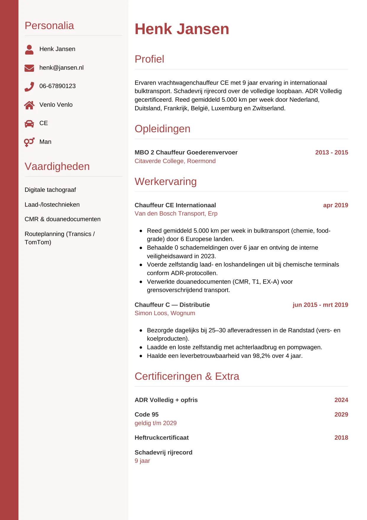 CV Verticaal voor vrachtwagenchauffeur