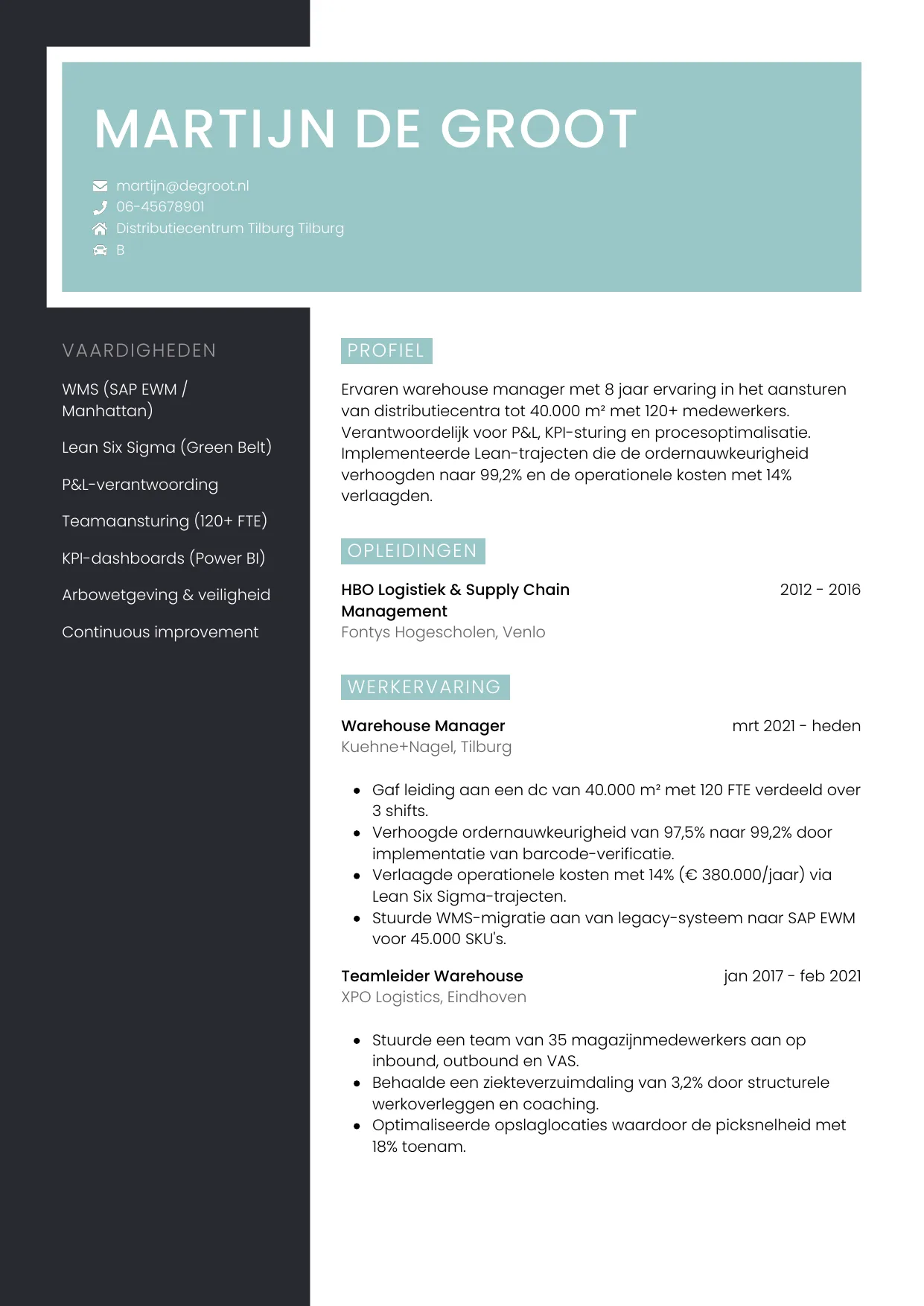 CV Elegant voor warehouse manager