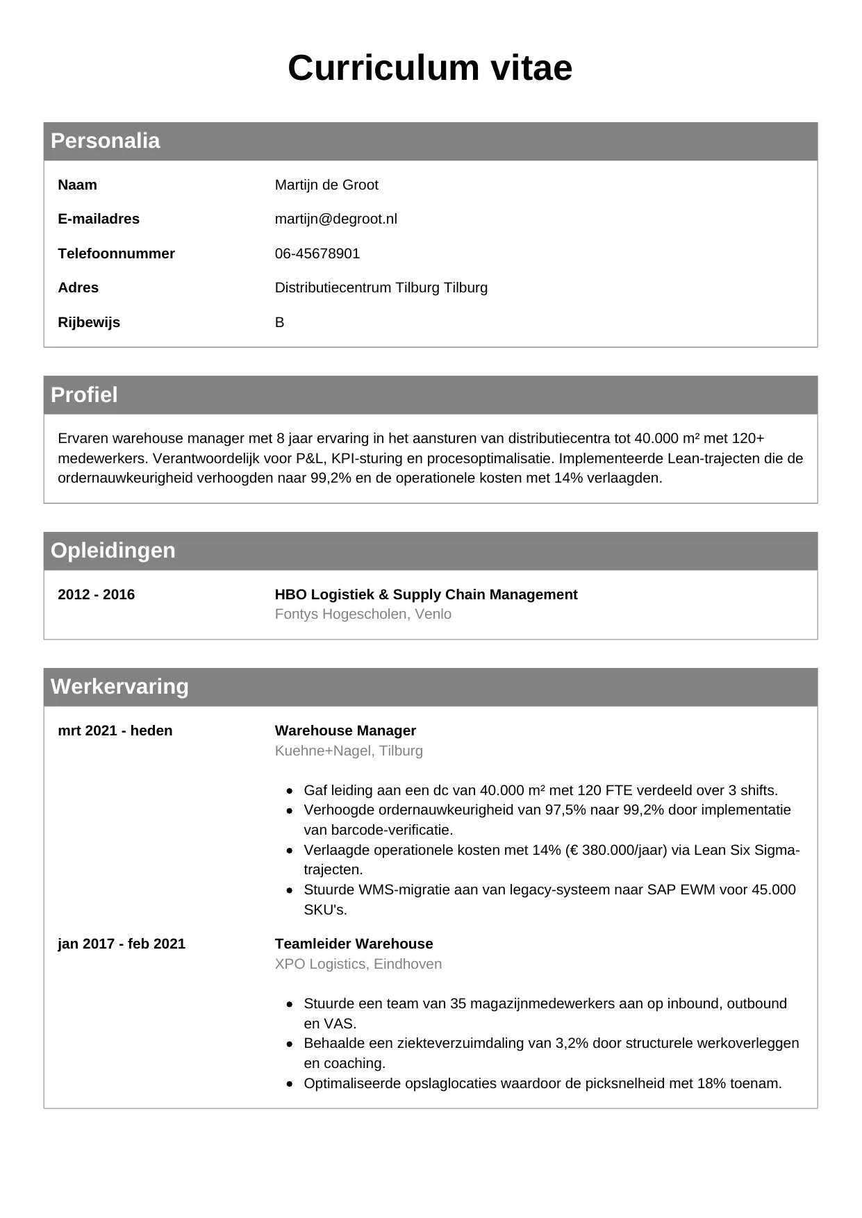 CV Klassiek voor warehouse manager