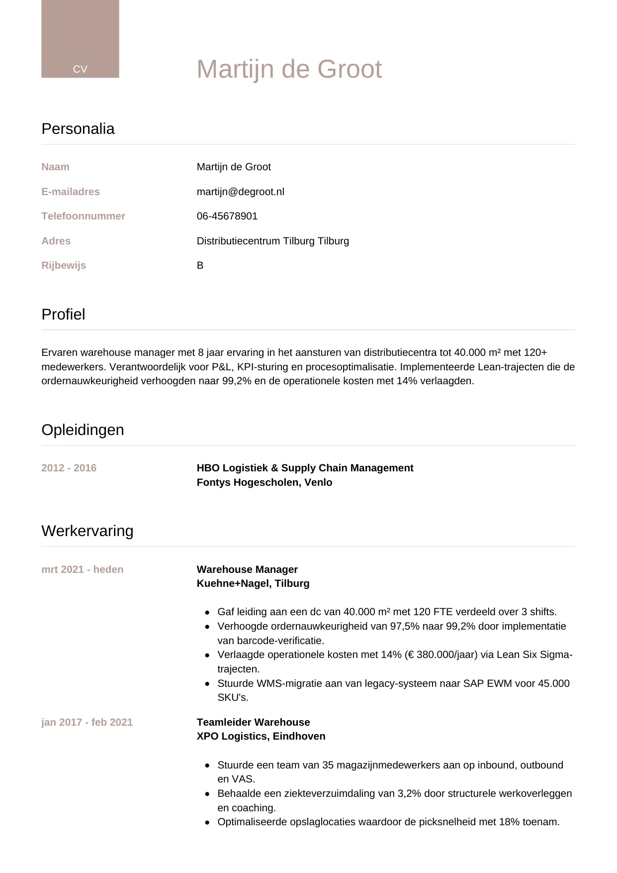 CV Luxe voor warehouse manager