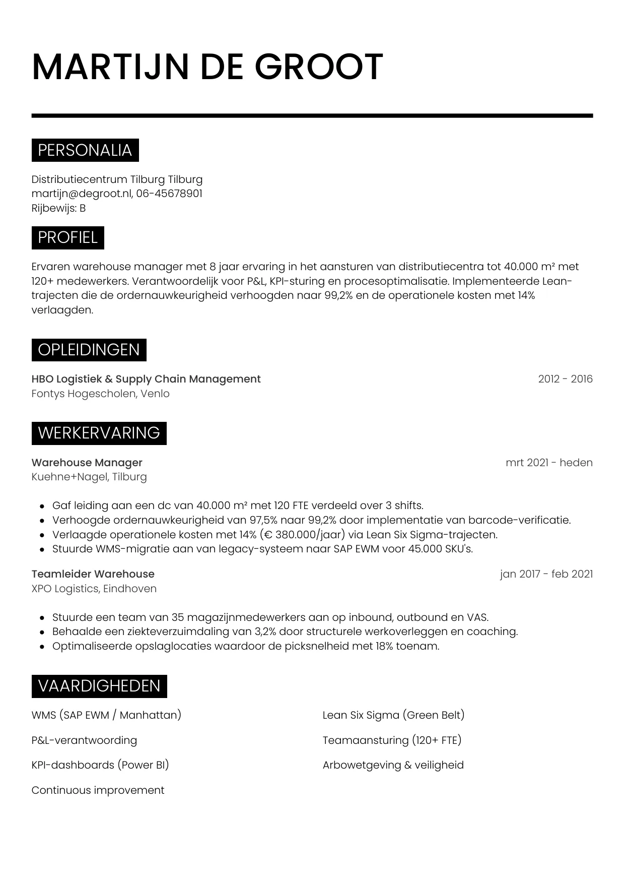 CV Metro voor warehouse manager