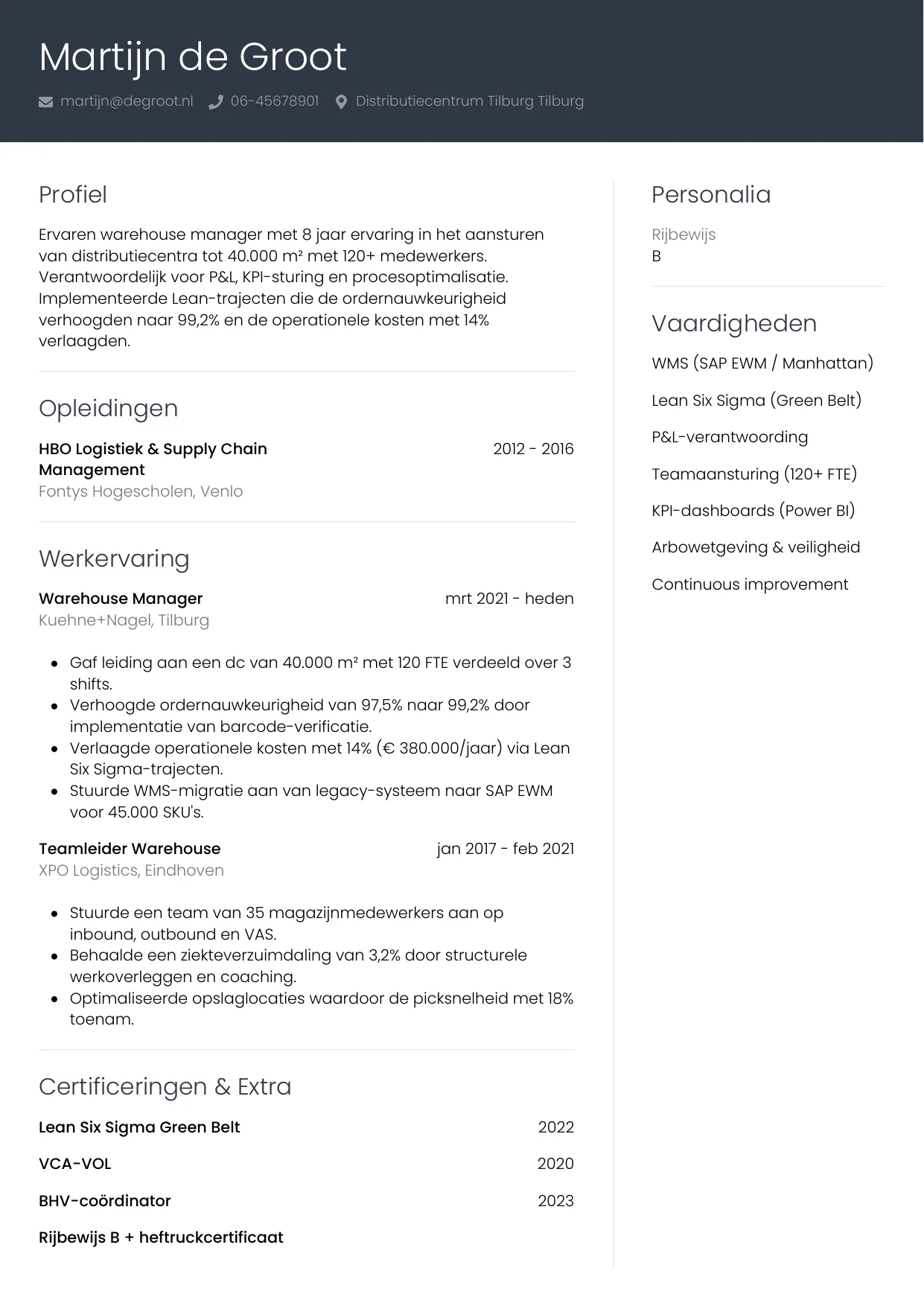 CV Professioneel voor warehouse manager