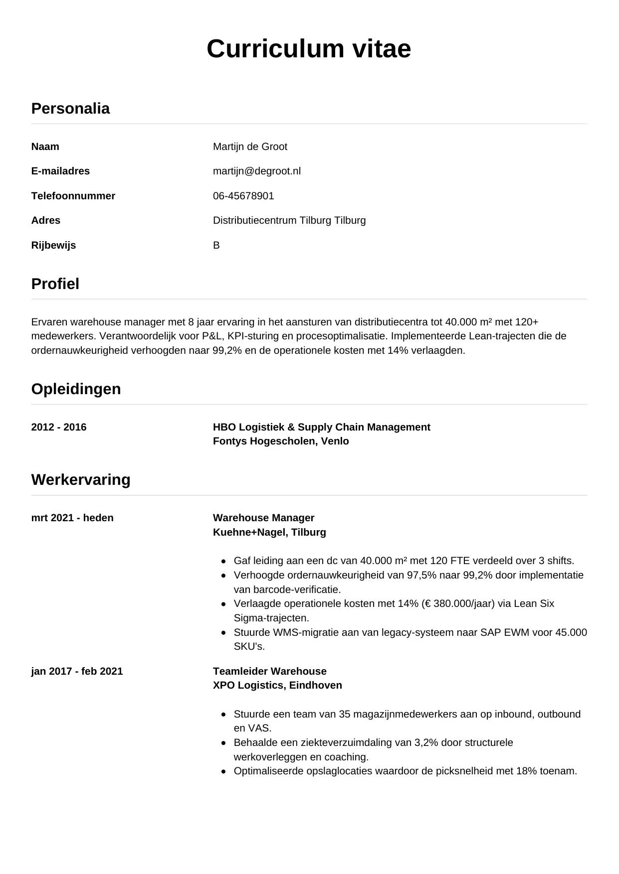 CV Simpel voor warehouse manager