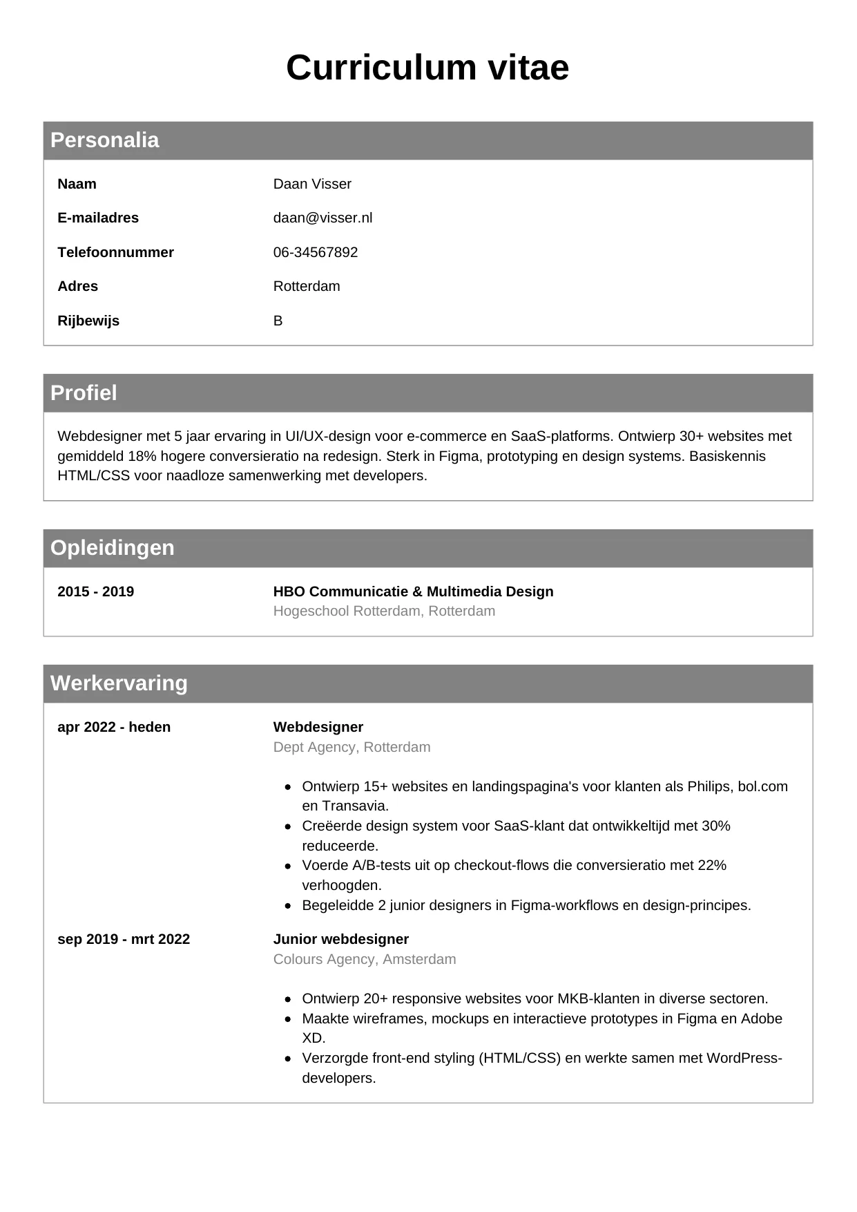 CV Klassiek voor webdesigner
