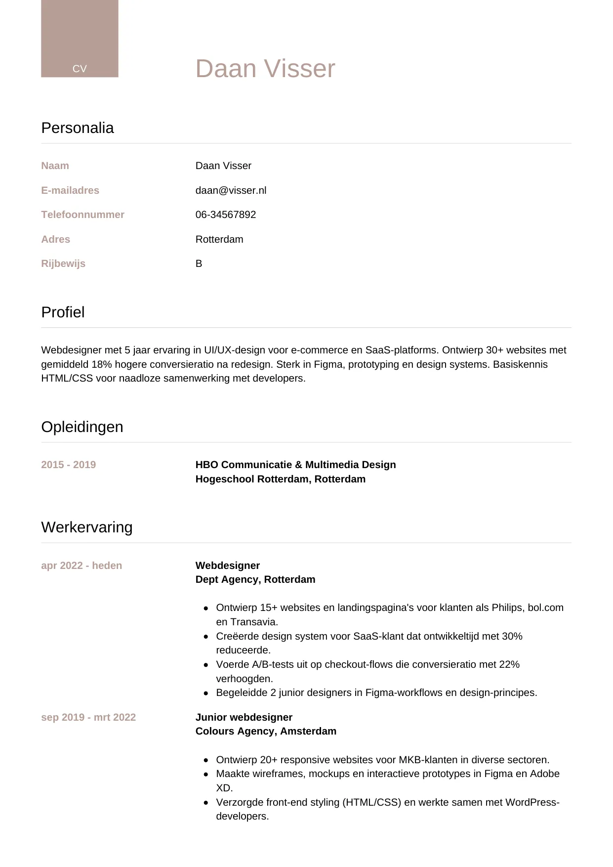 CV Luxe voor webdesigner