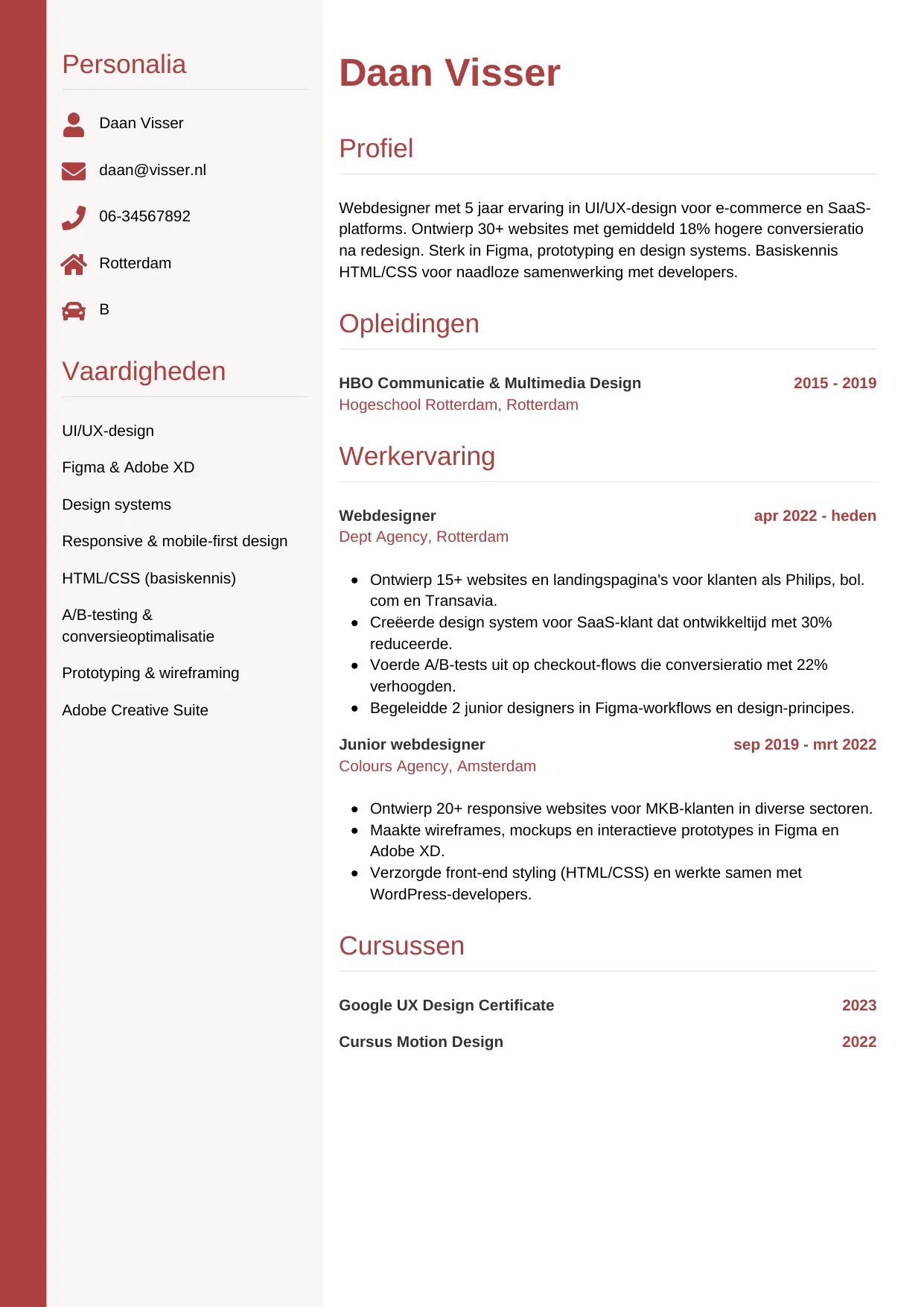 CV Verticaal voor webdesigner