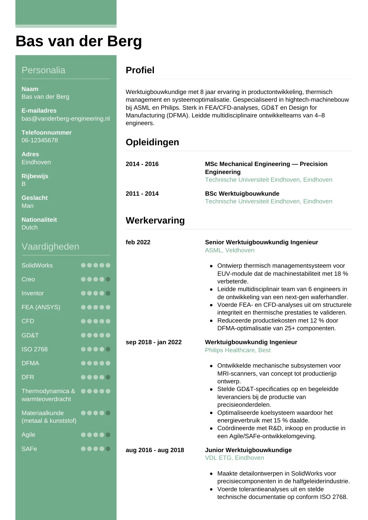 Voorbeeld CV voor werktuigbouwkundige in template Casual. CV Casual voor werktuigbouwkundige