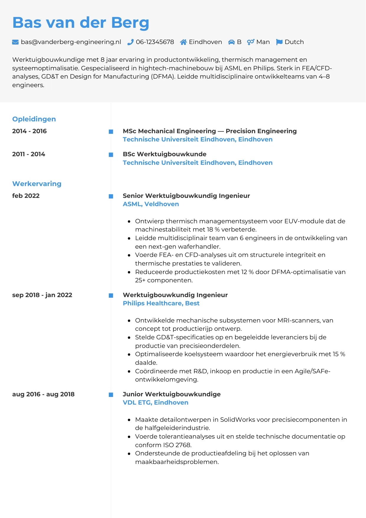 Voorbeeld CV voor werktuigbouwkundige in template Chrono. CV Chrono voor werktuigbouwkundige