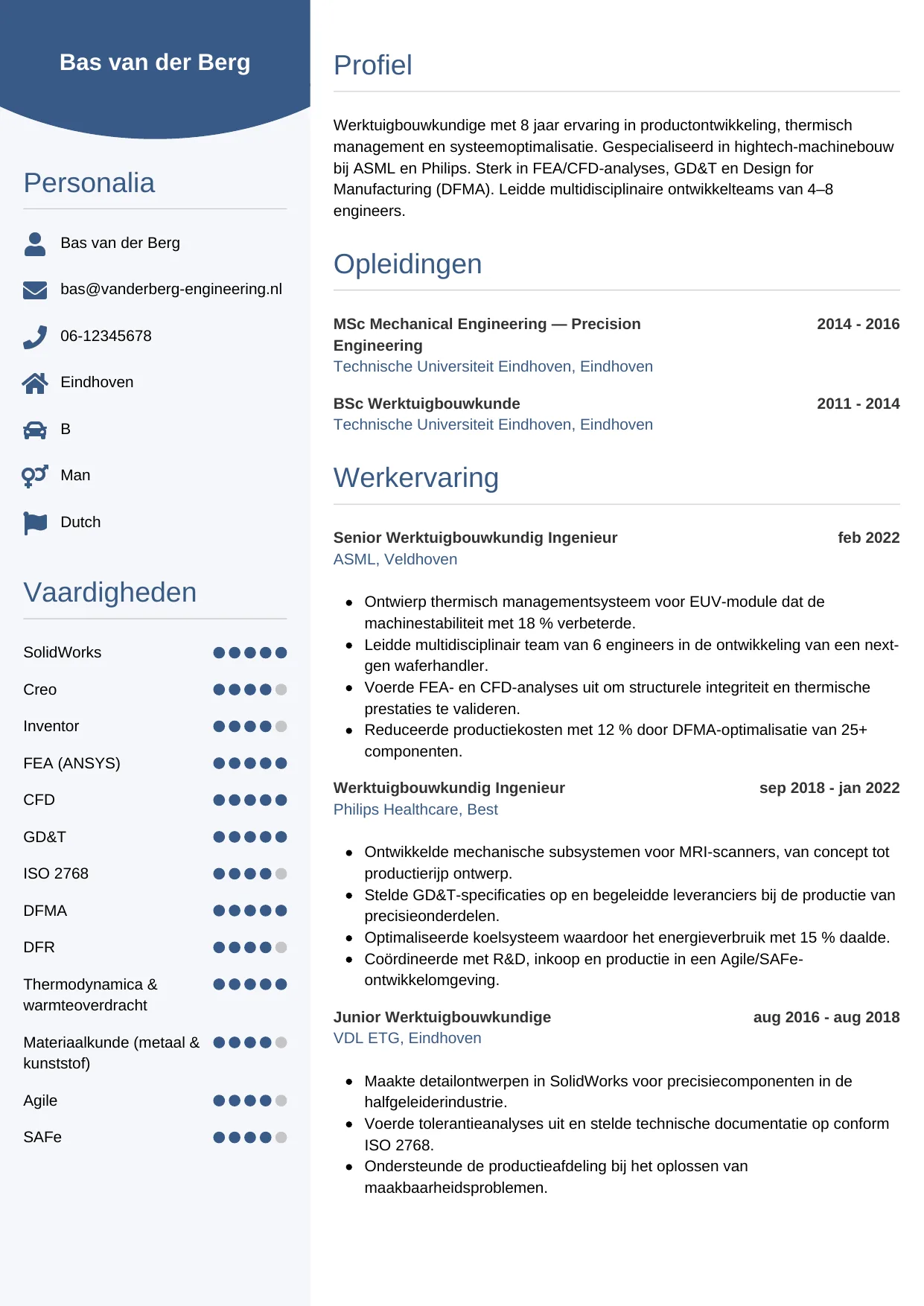 Voorbeeld CV voor werktuigbouwkundige in template Circulair. CV Circulair voor werktuigbouwkundige