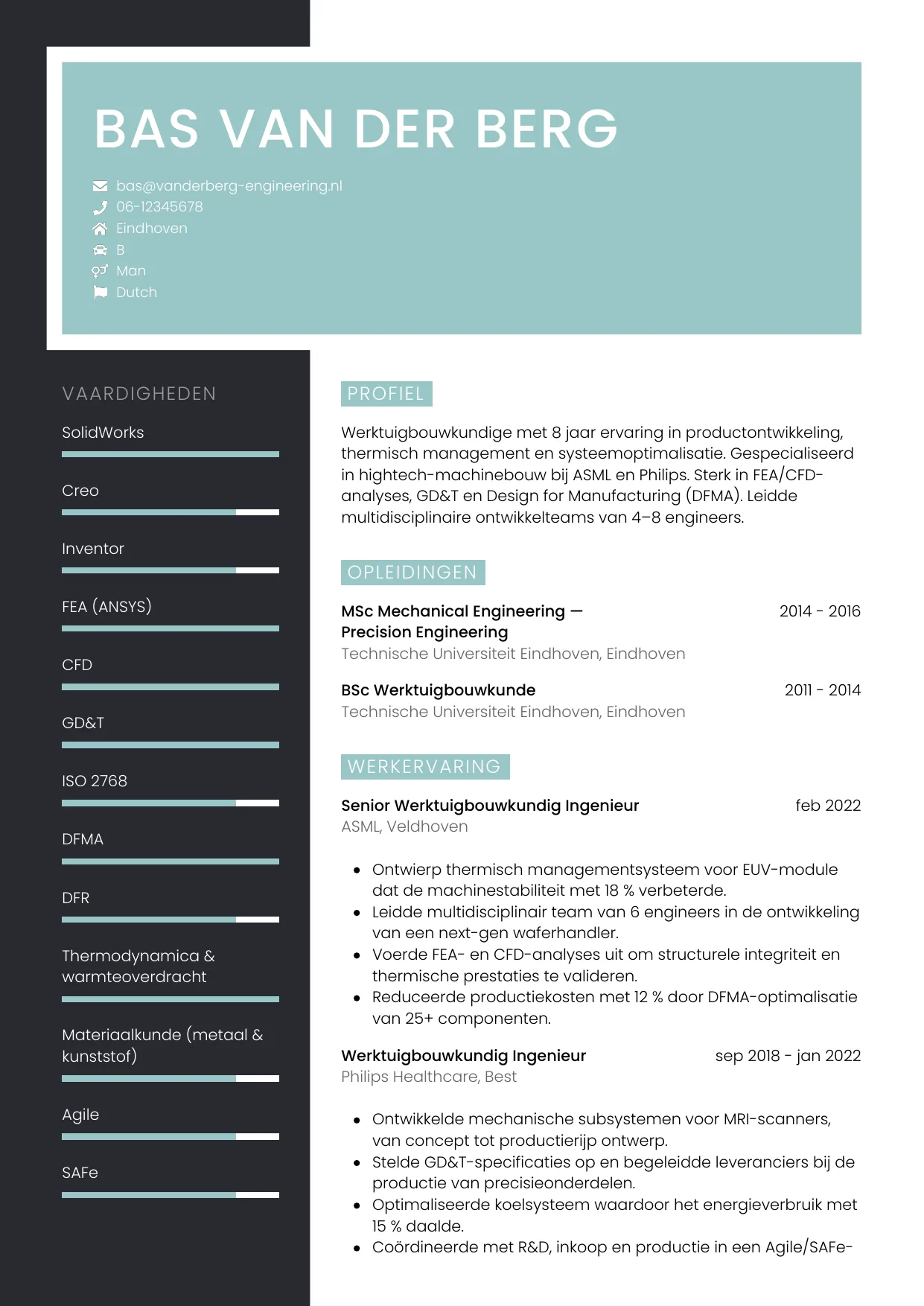Voorbeeld CV voor werktuigbouwkundige in template Elegant. CV Elegant voor werktuigbouwkundige