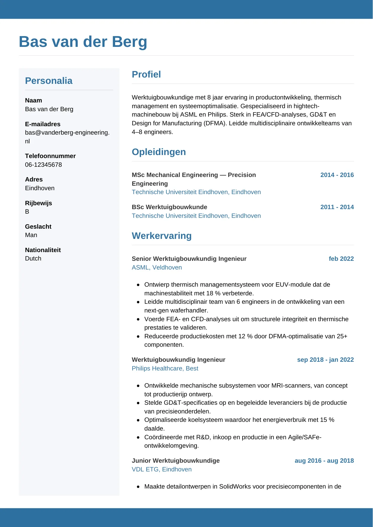 Voorbeeld CV voor werktuigbouwkundige in template Horizontaal. CV Horizontaal voor werktuigbouwkundige