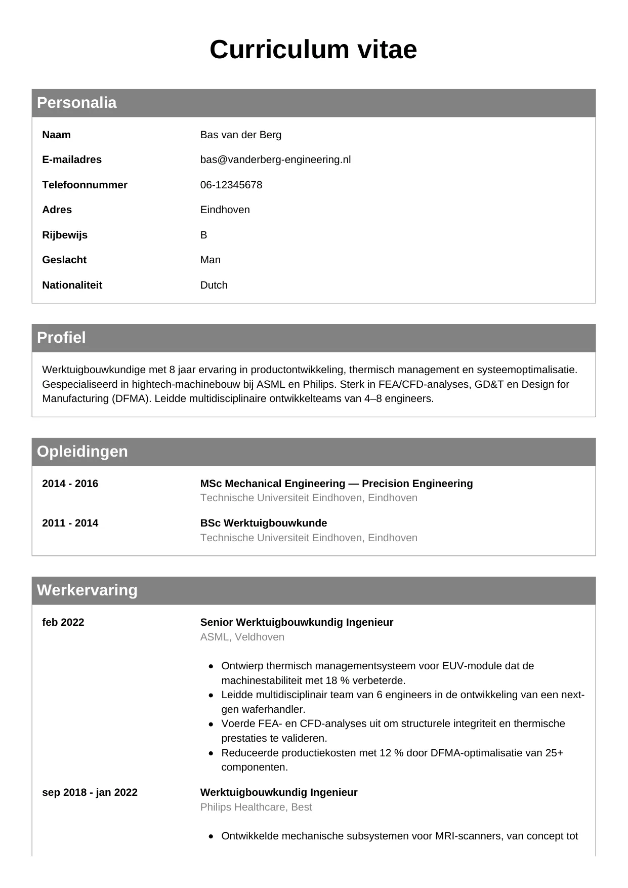 Voorbeeld CV voor werktuigbouwkundige in template Klassiek. CV Klassiek voor werktuigbouwkundige