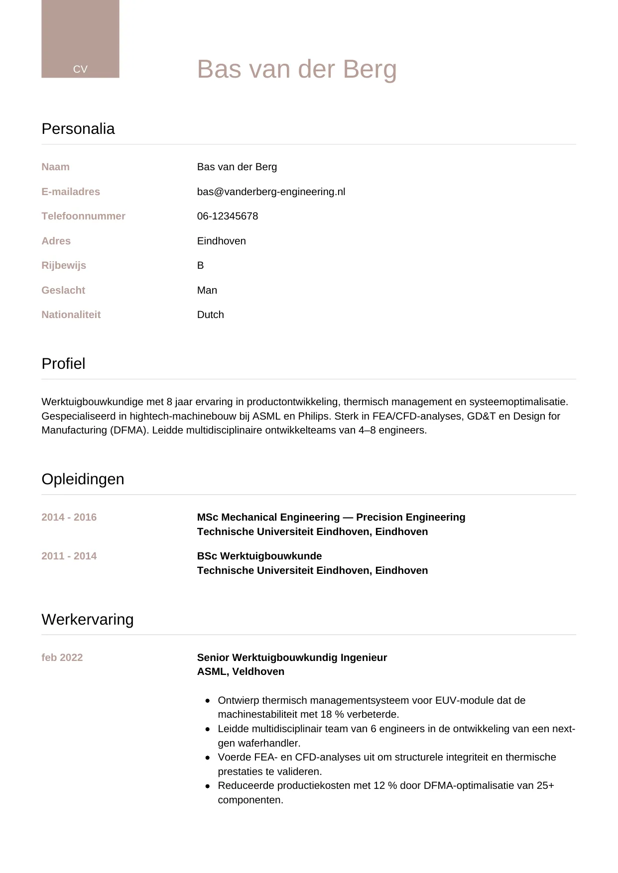 Voorbeeld CV voor werktuigbouwkundige in template Luxe. CV Luxe voor werktuigbouwkundige