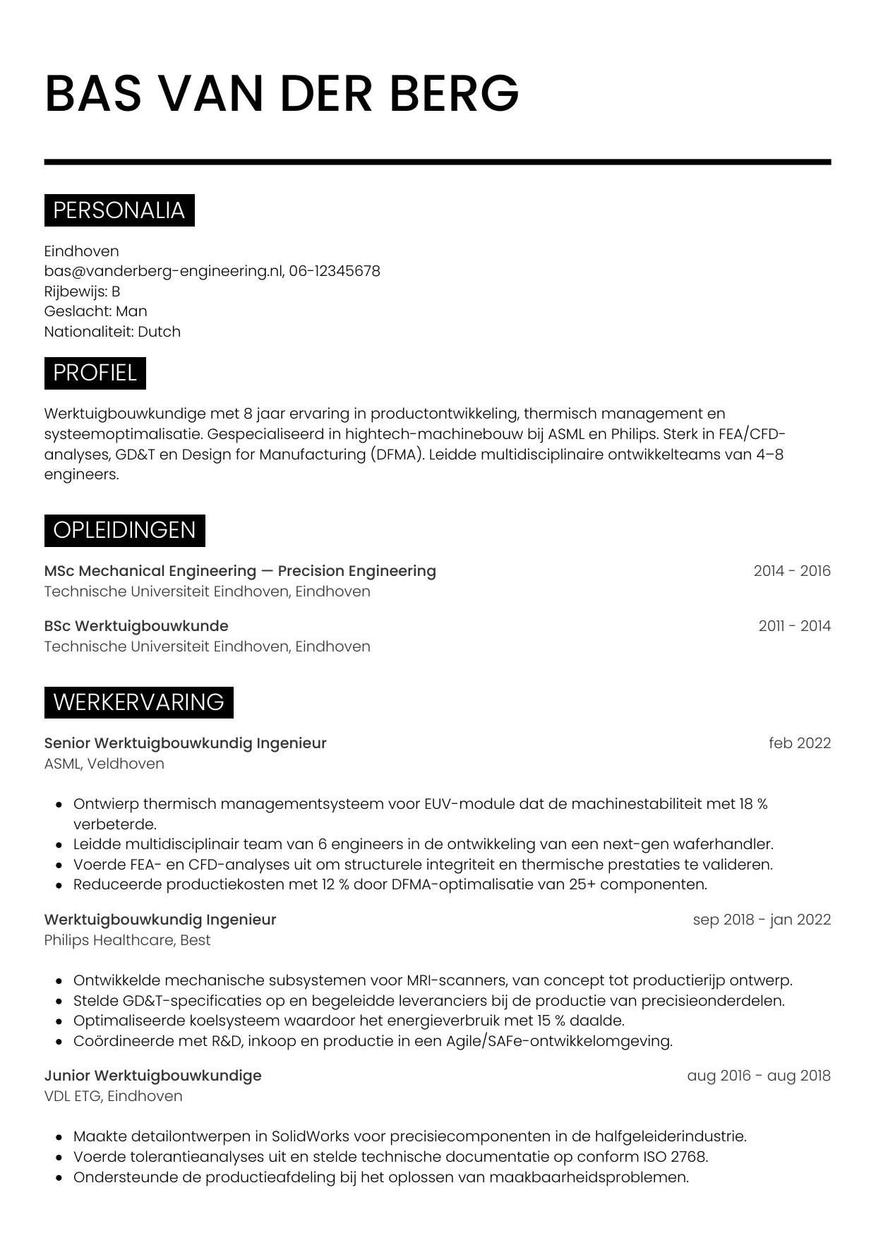 Voorbeeld CV voor werktuigbouwkundige in template Metro. CV Metro voor werktuigbouwkundige