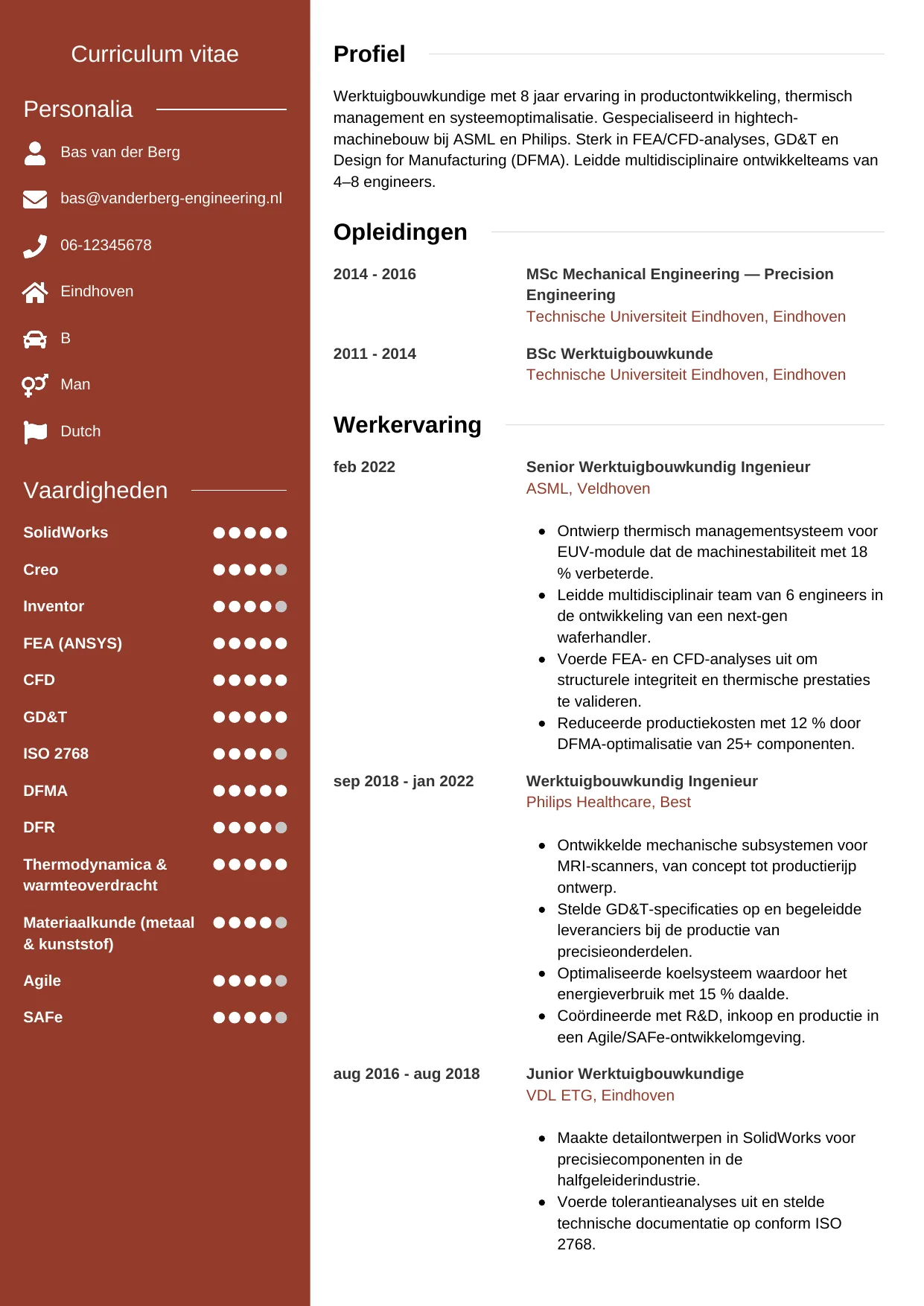 Voorbeeld CV voor werktuigbouwkundige in template Modern. CV Modern voor werktuigbouwkundige