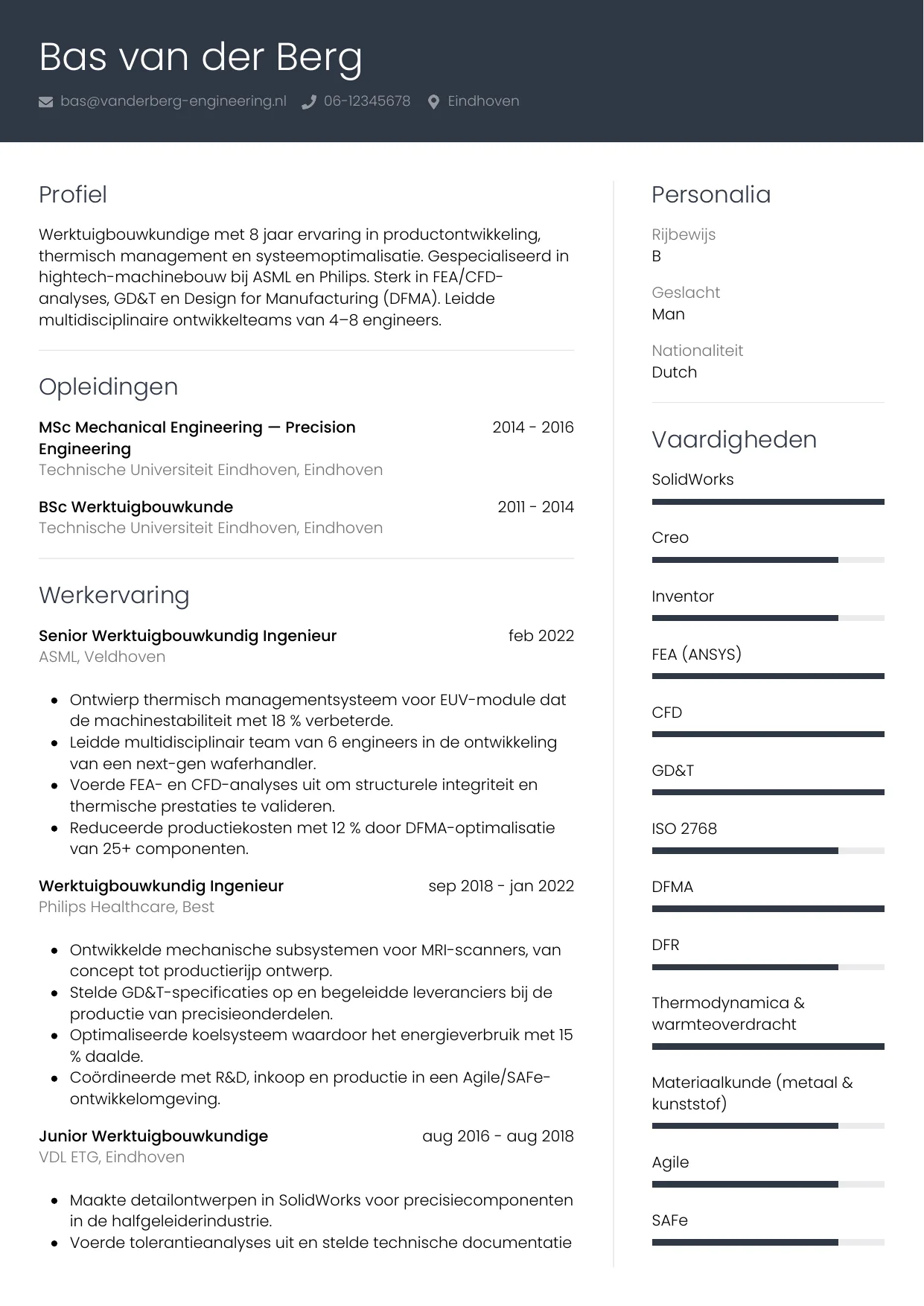 Voorbeeld CV voor werktuigbouwkundige in template Professioneel. CV Professioneel voor werktuigbouwkundige