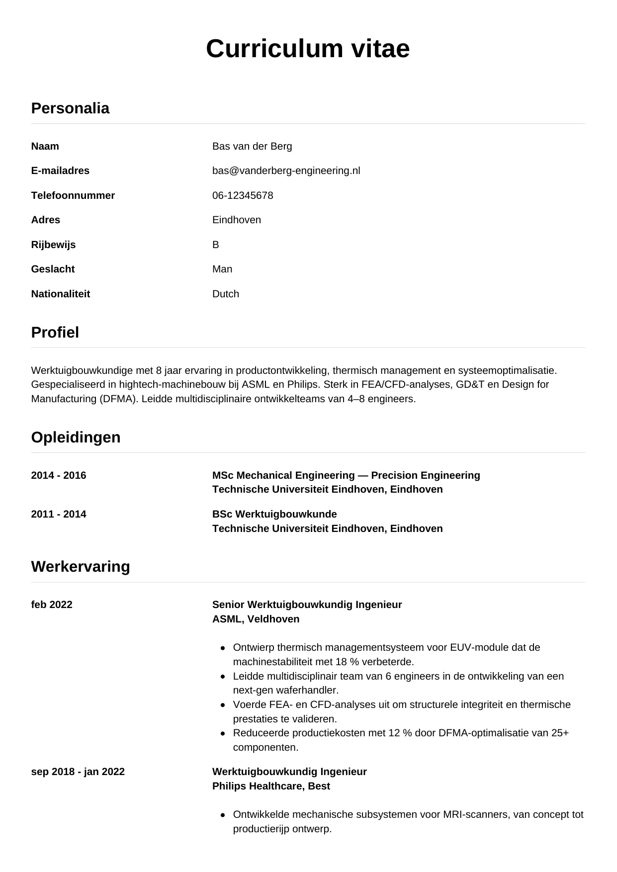 Voorbeeld CV voor werktuigbouwkundige in template Simpel. CV Simpel voor werktuigbouwkundige