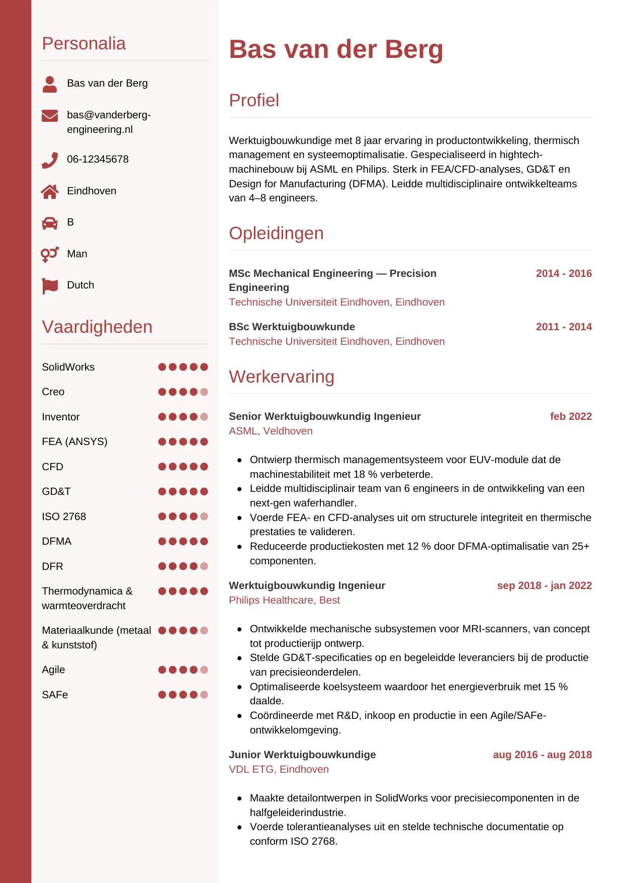 Voorbeeld CV voor werktuigbouwkundige in template Verticaal. CV Verticaal voor werktuigbouwkundige