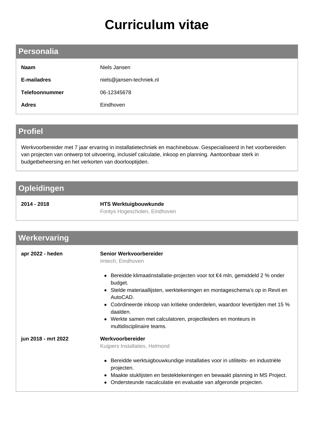 CV Klassiek voor werkvoorbereider