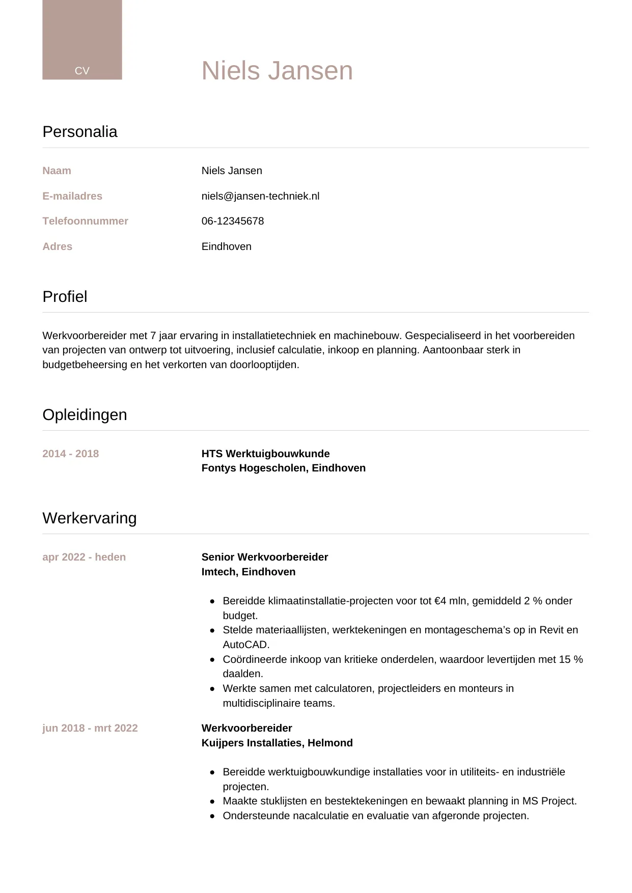 CV Luxe voor werkvoorbereider