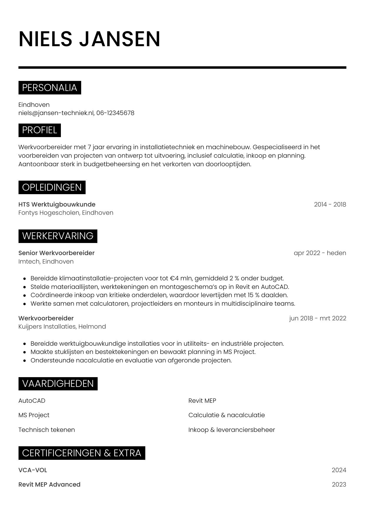 CV Metro voor werkvoorbereider