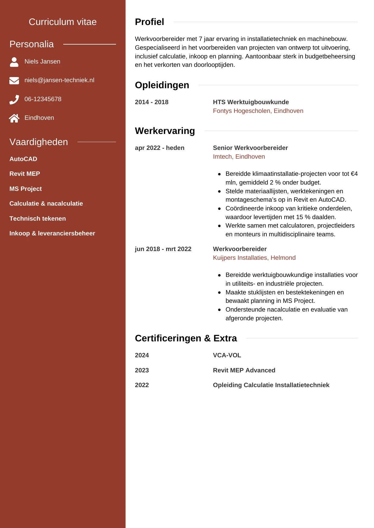 CV Modern voor werkvoorbereider