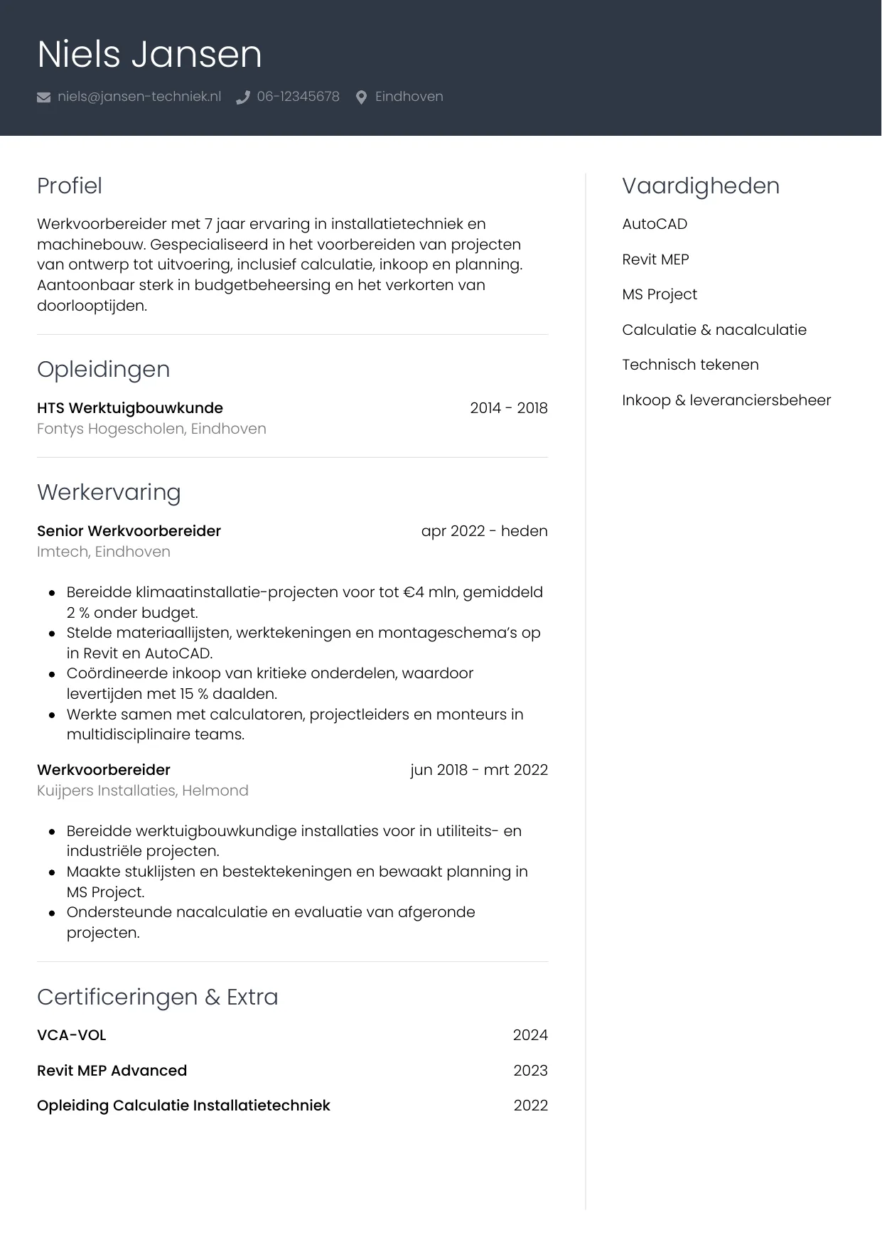 CV Professioneel voor werkvoorbereider