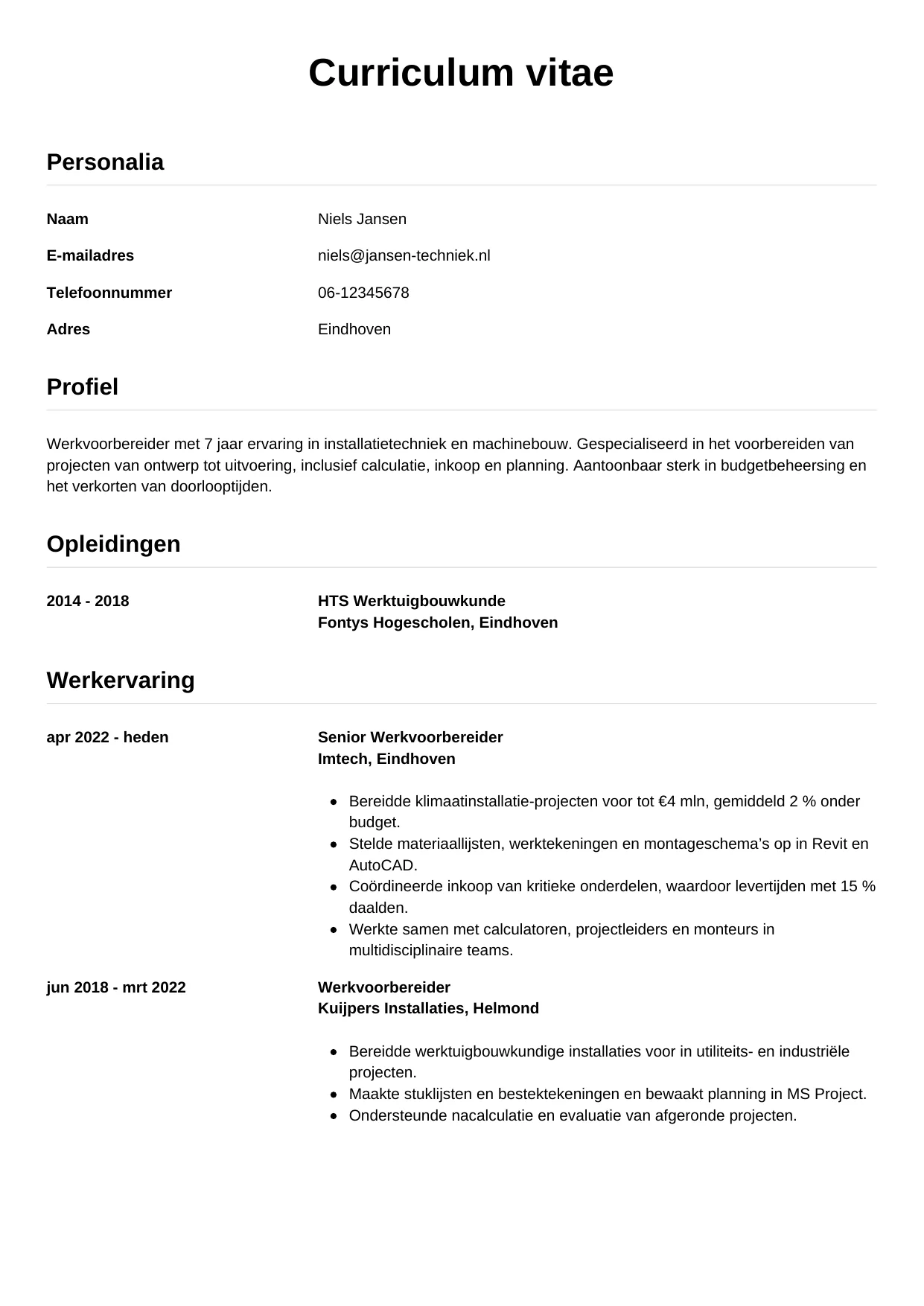 CV Simpel voor werkvoorbereider