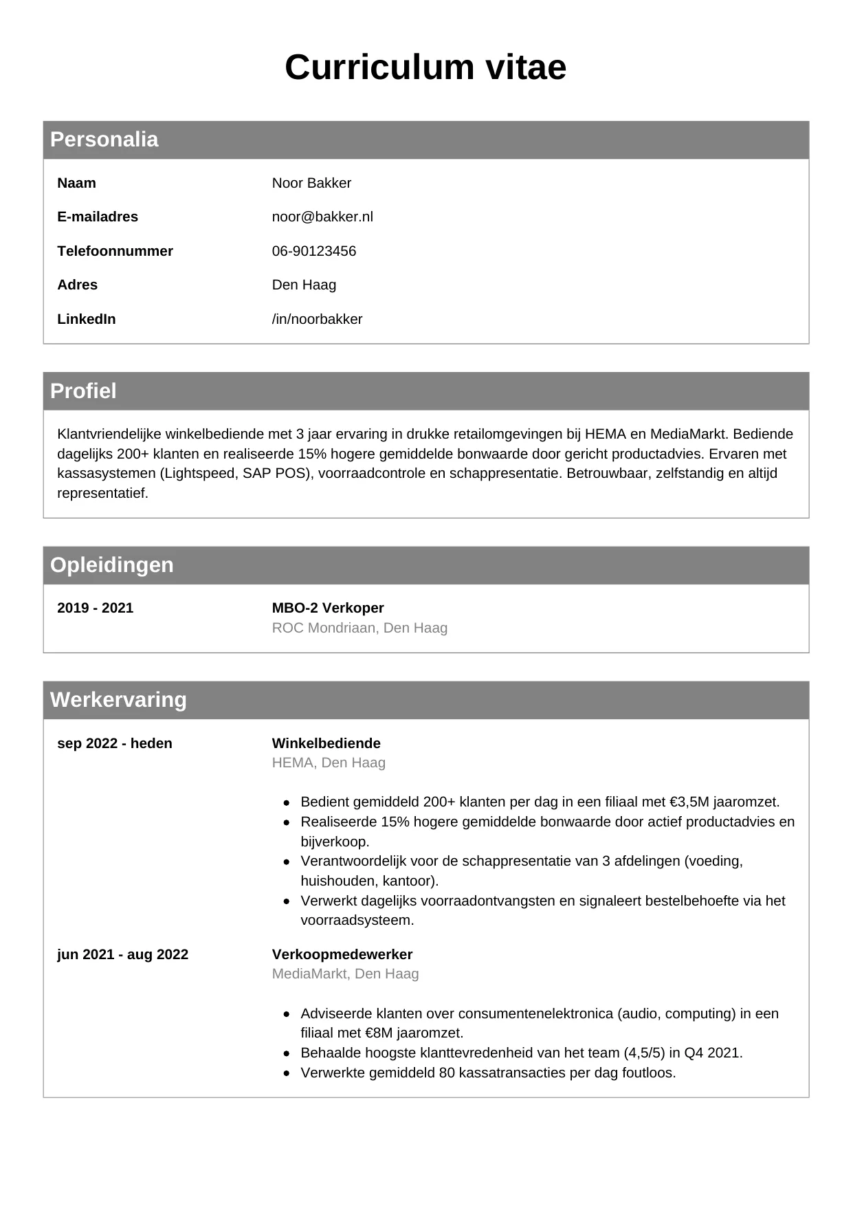 CV Klassiek voor winkelbediende