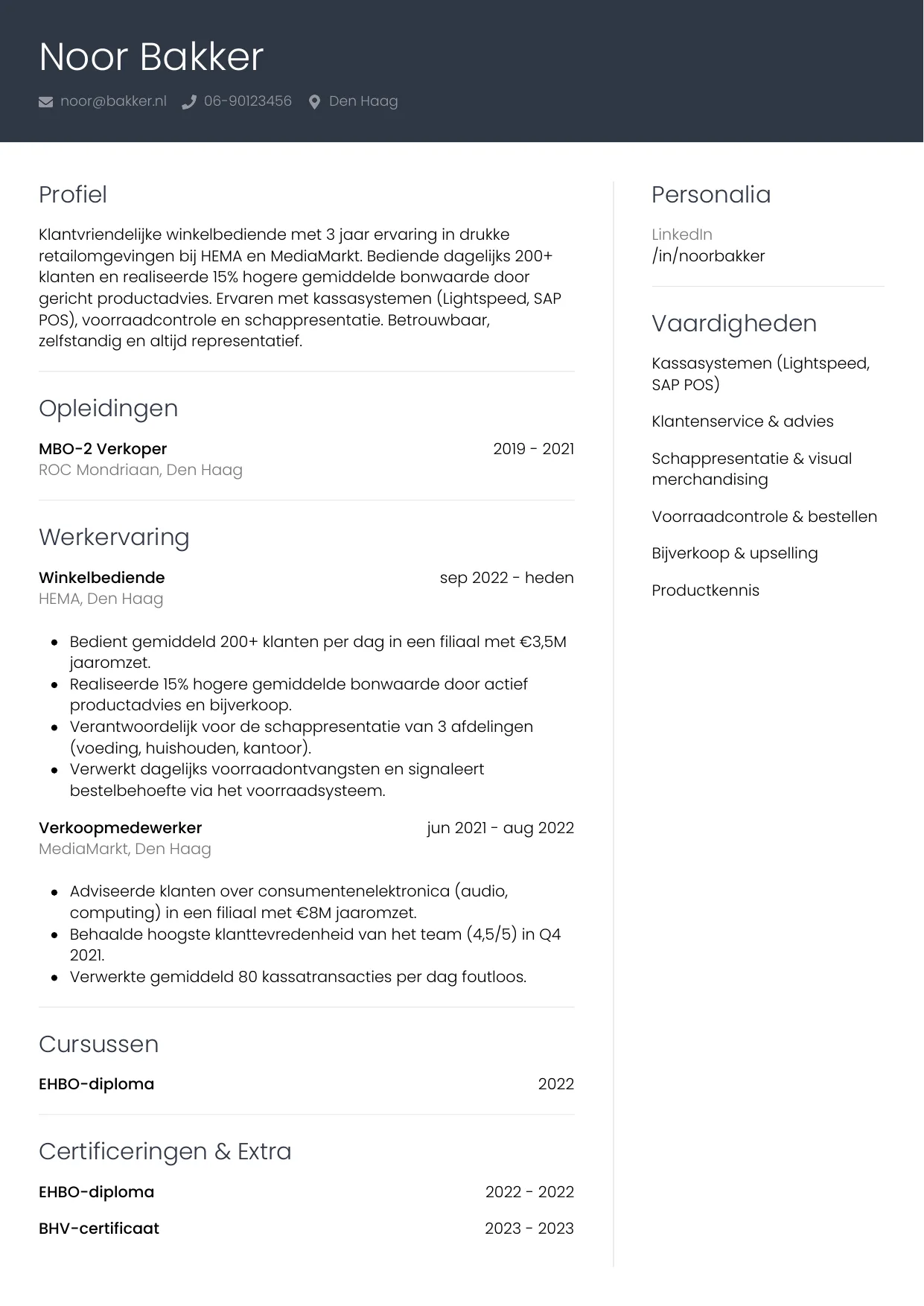CV Professioneel voor winkelbediende