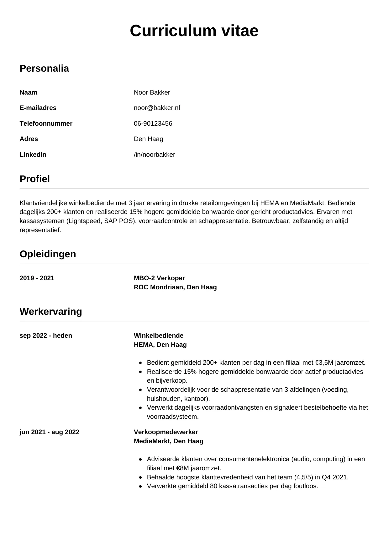 CV Simpel voor winkelbediende