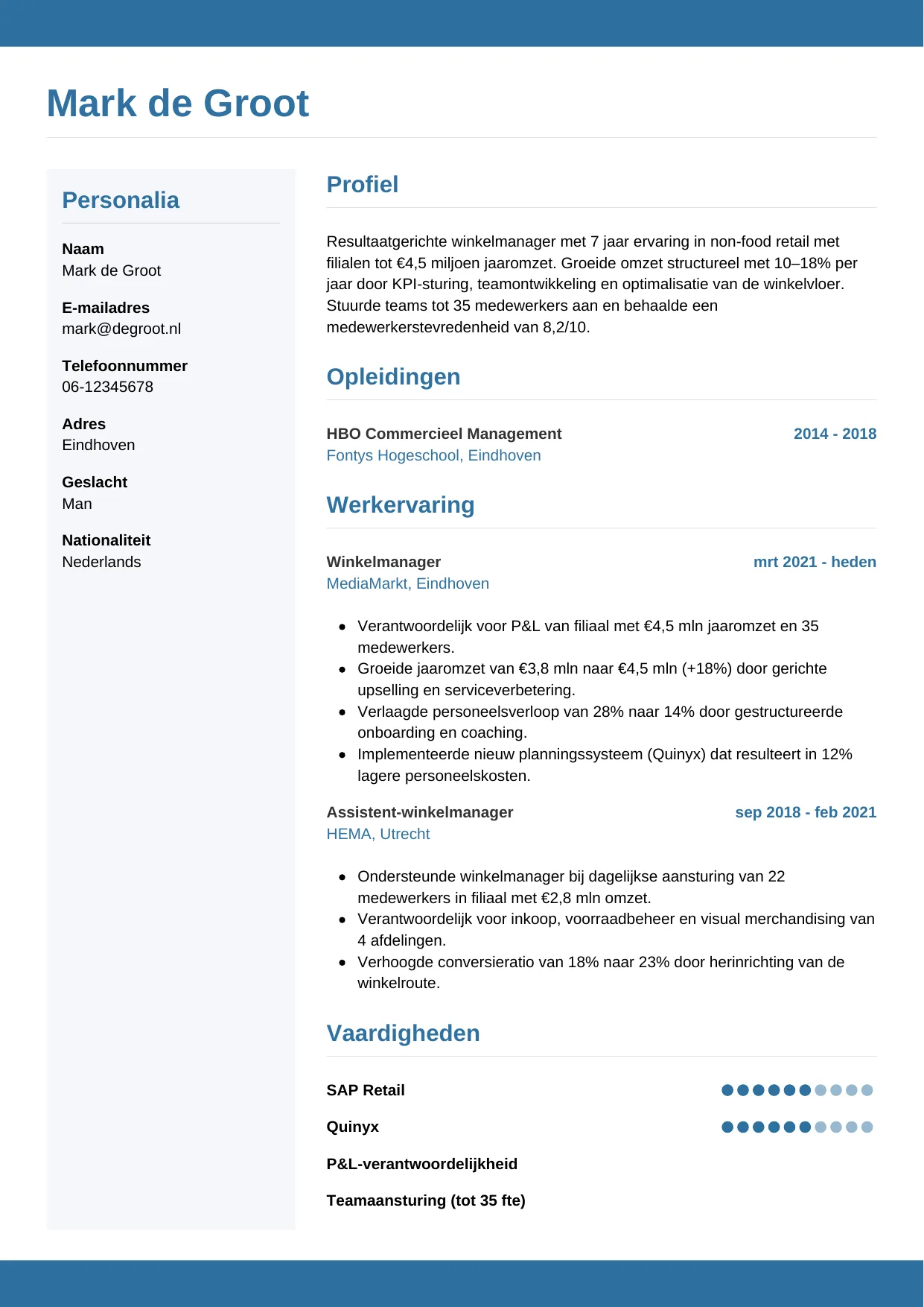CV Horizontaal voor winkelmanager