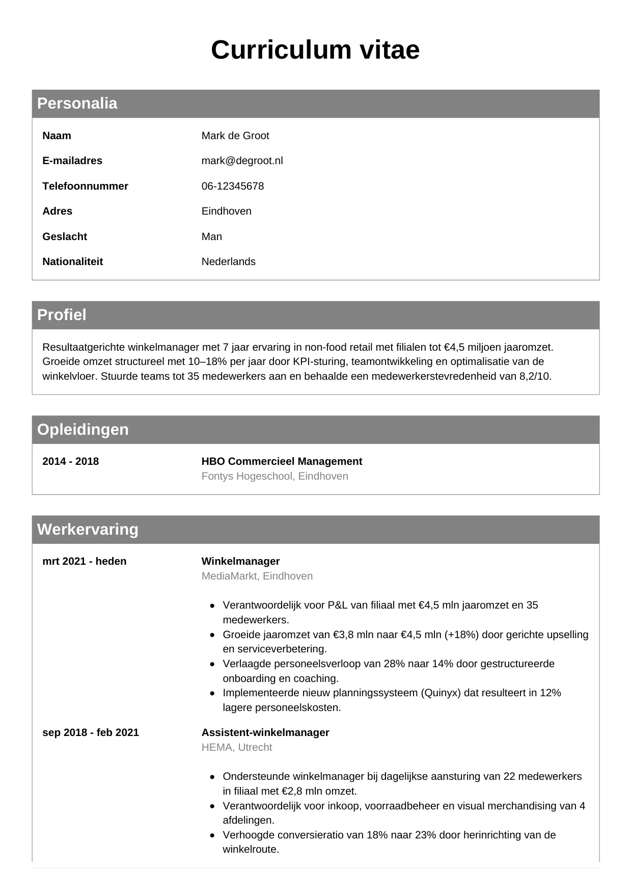 CV Klassiek voor winkelmanager
