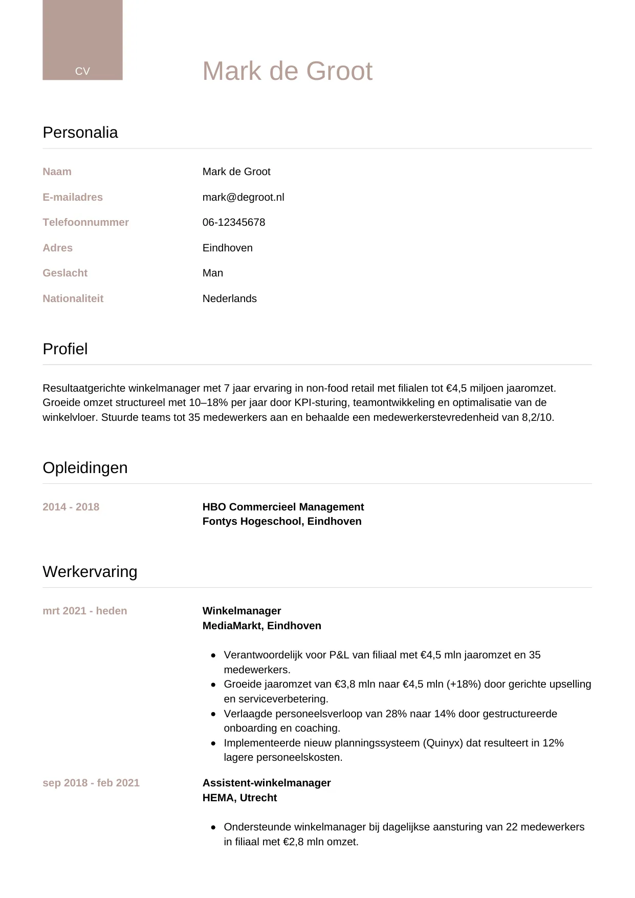 CV Luxe voor winkelmanager
