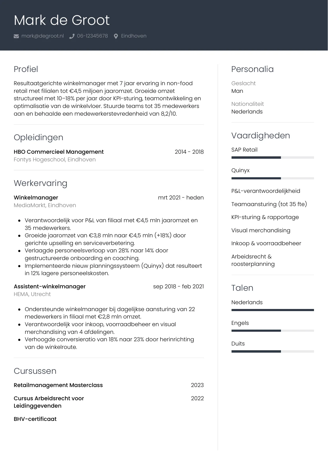 CV Professioneel voor winkelmanager