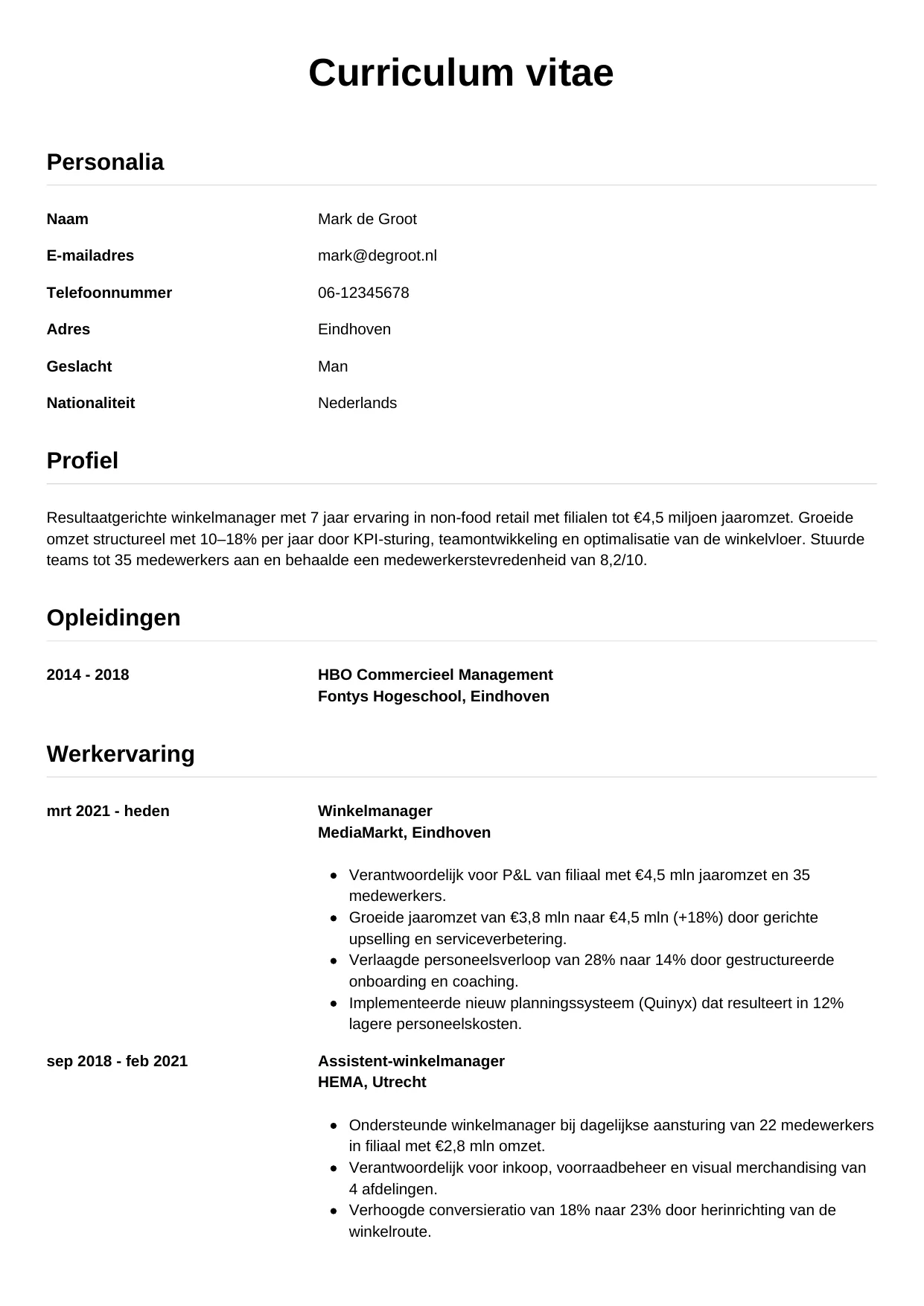 CV Simpel voor winkelmanager